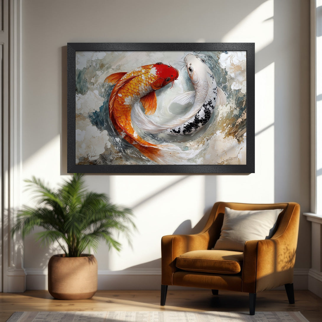 Framed Poster featuring koi fish in a fluid, abstract style. Warm orange, white, and neutral tones create a calming, artistic vibe. Perfect wall art!