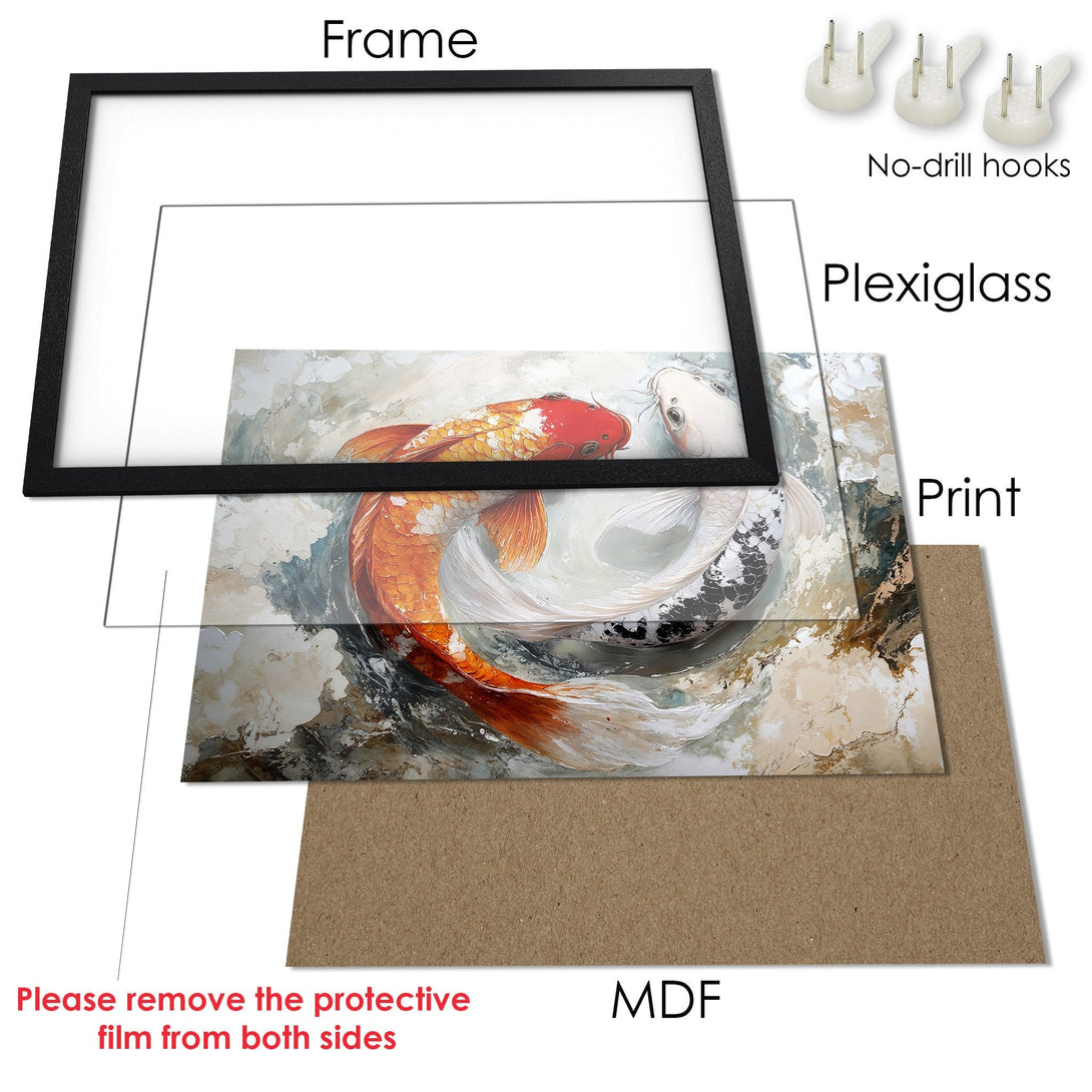 Framed Poster featuring koi fish art in a serene, watercolor style with a warm, neutral color palette. Perfect for adding a touch of zen to your space!