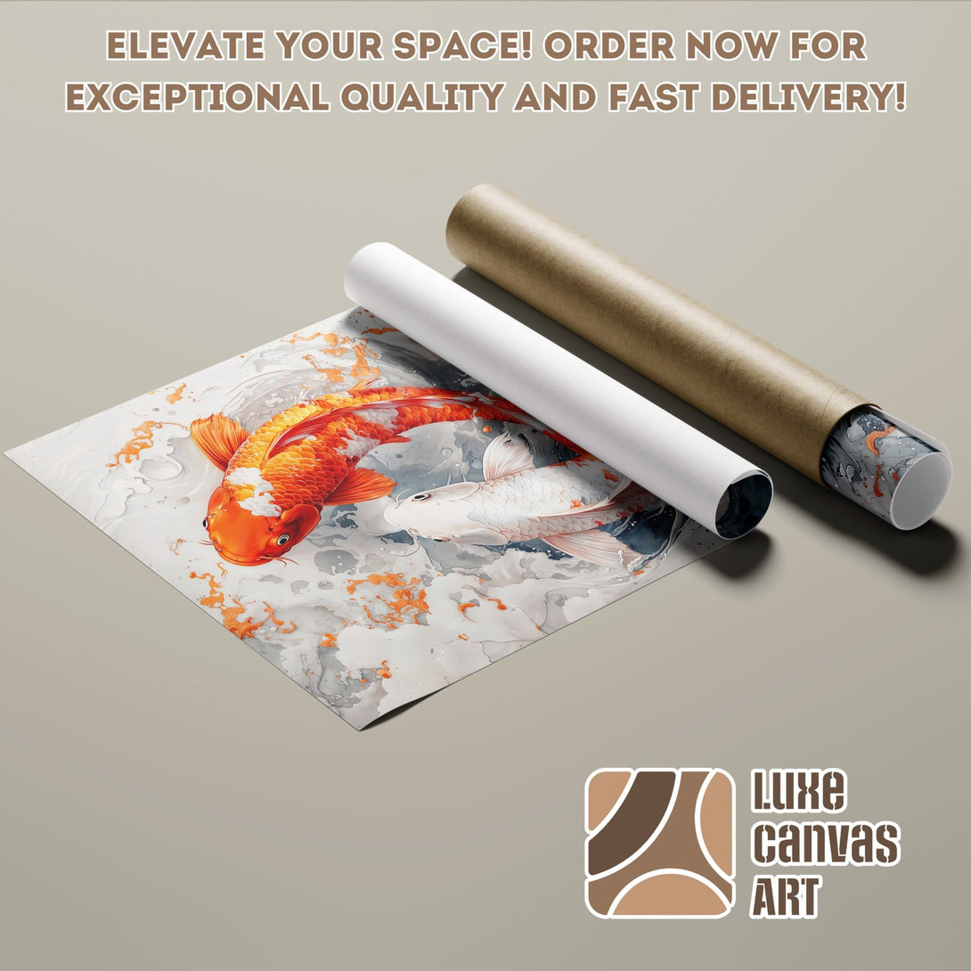 Koi fish poster roll art print. Modern style with orange, white, and gray color palette. Elevate your space with Luxe Canvas Art!