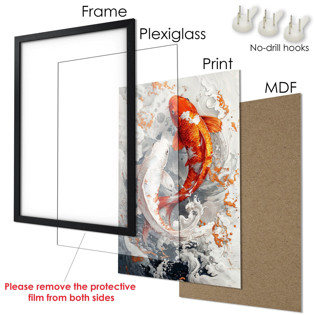 Framed Poster featuring koi fish art in a modern style with orange, gray, and white color palette. Ready to hang!