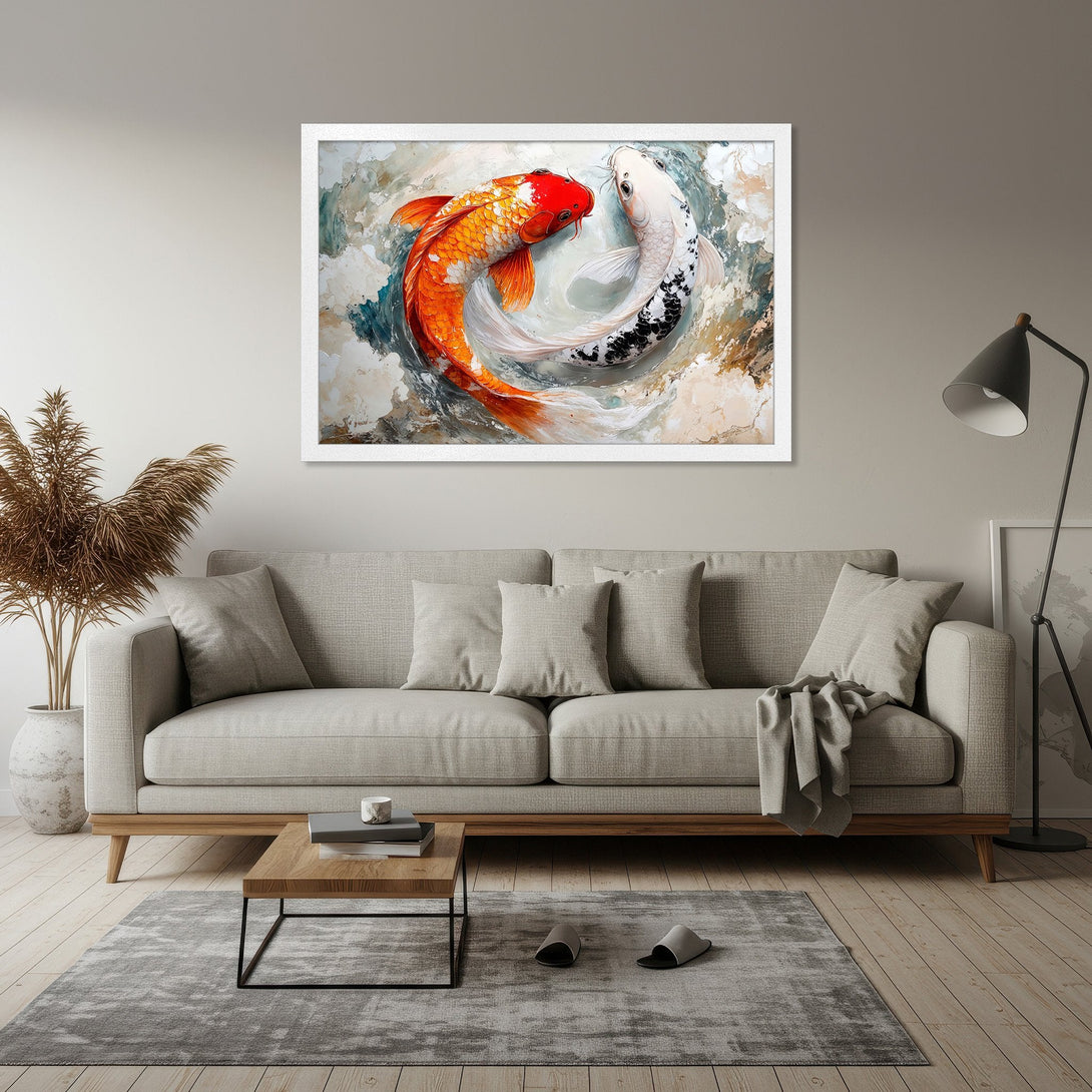 Framed Poster featuring koi fish artwork in orange, white, and blue tones. Perfect wall art for modern home decor.
