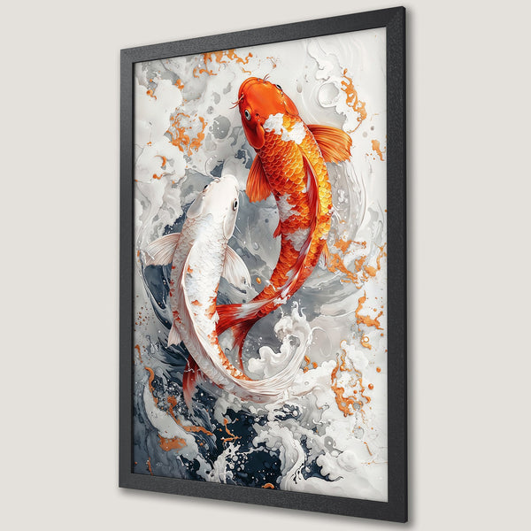 Framed Poster featuring koi fish in a fluid, abstract style. Orange, white, and gray color palette creates a calming aesthetic.
