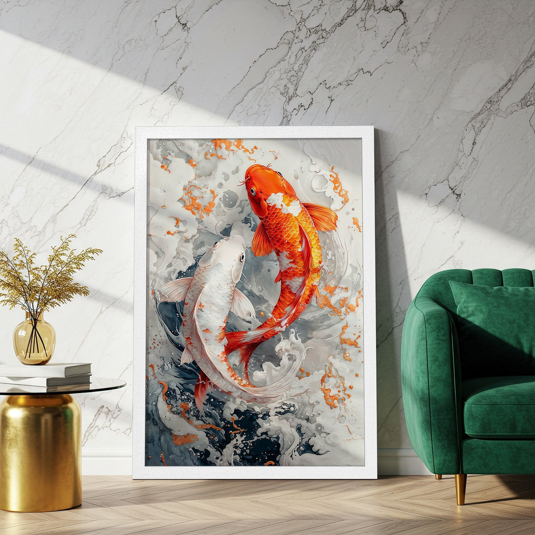 Framed Poster featuring koi fish in a watercolor style, with a palette of orange, white, and gray. Perfect for adding a touch of zen to your space!