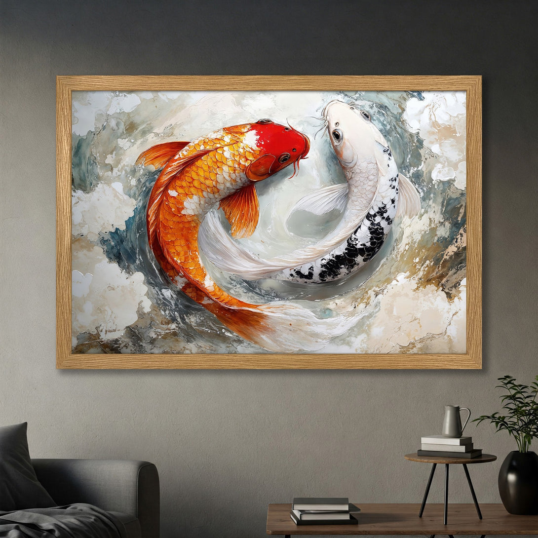 Framed Poster featuring koi fish in an abstract style, with a warm, earthy color palette. Perfect wall art for any space!