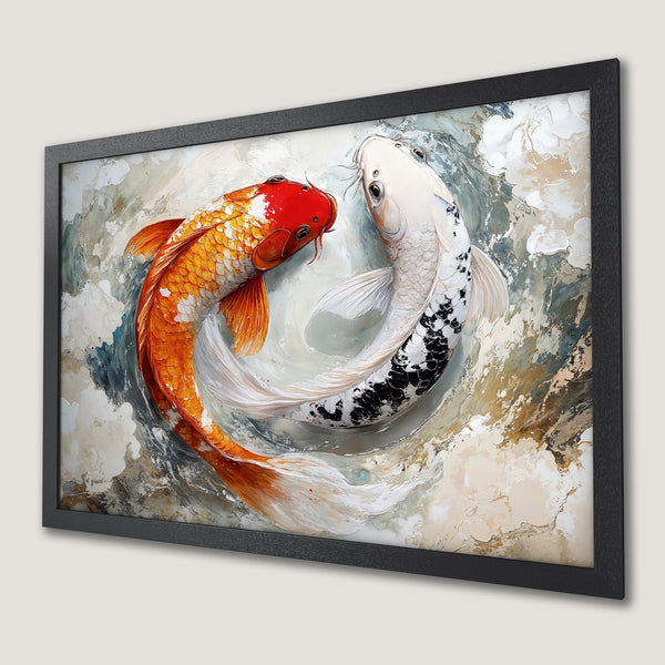Framed Poster featuring koi fish in a fluid, abstract style with orange, white, and neutral tones. Perfect wall art for any space!