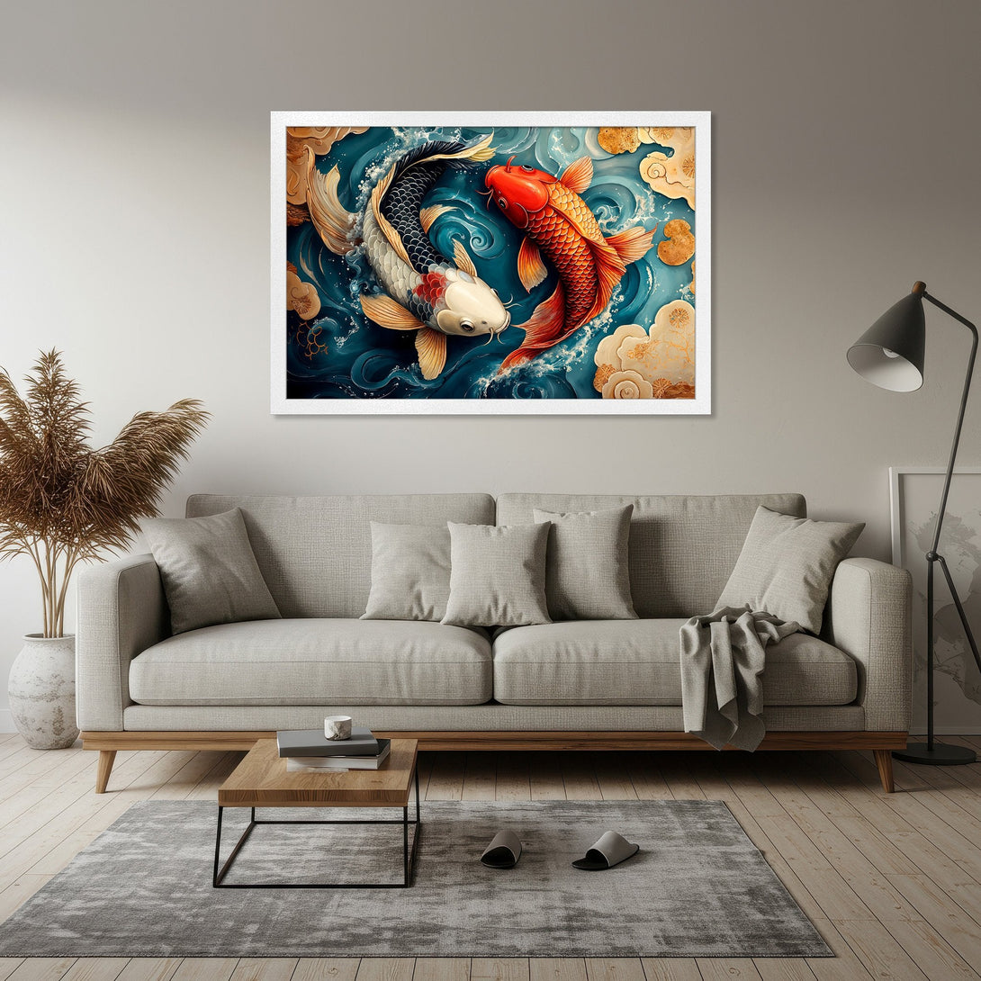 Framed Poster featuring koi fish in a vibrant, stylized design with a blue and gold color palette. Perfect for adding a touch of zen to your space!