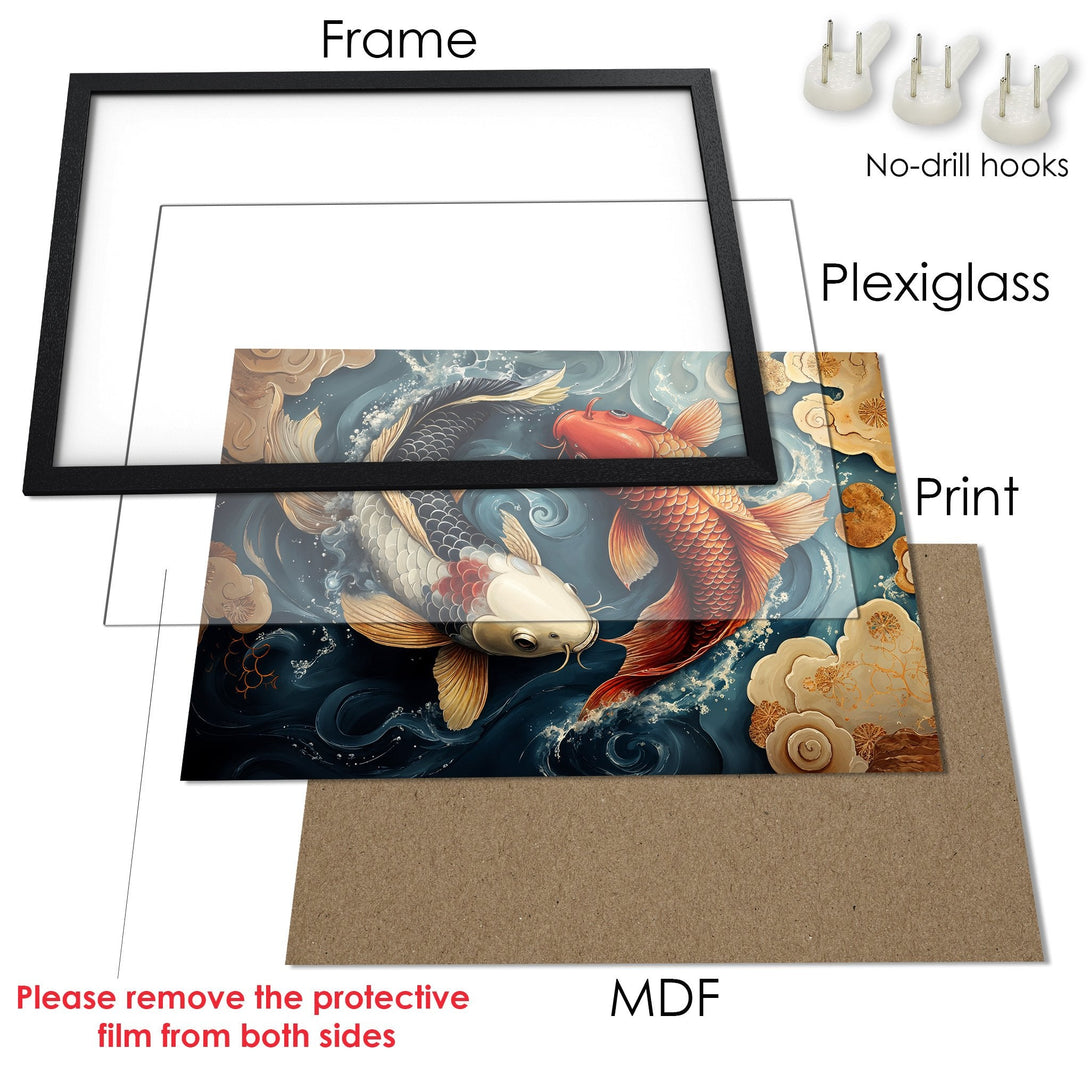 Framed Poster featuring koi fish art in blue, gold, and red tones. Enhance your space with this beautiful print!