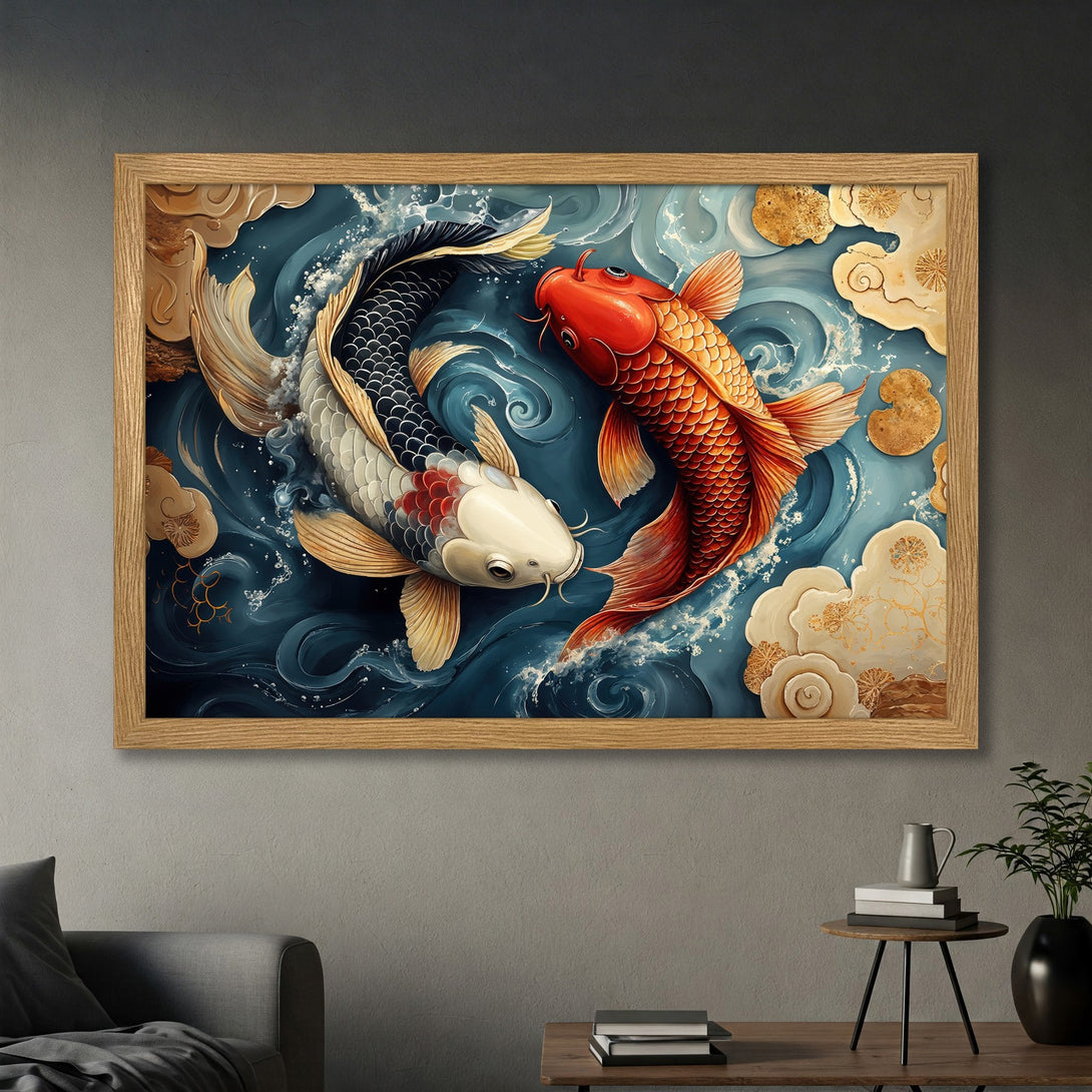 Framed Poster featuring koi fish in a serene, Asian-inspired style with a blue, gold, and orange color palette. Perfect wall art!