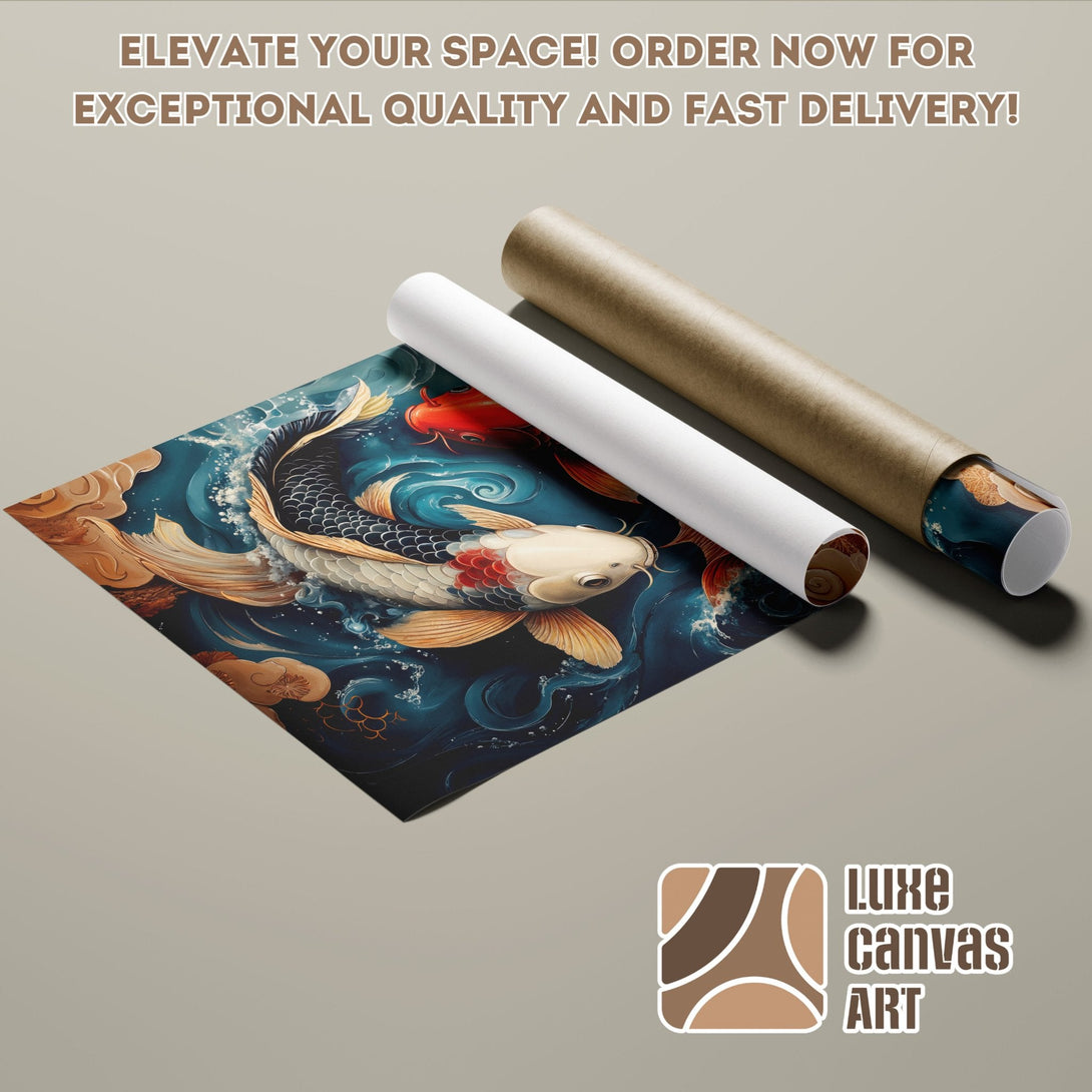 Koi fish Poster Roll art print in blue, gold, and white. Elevate your space!