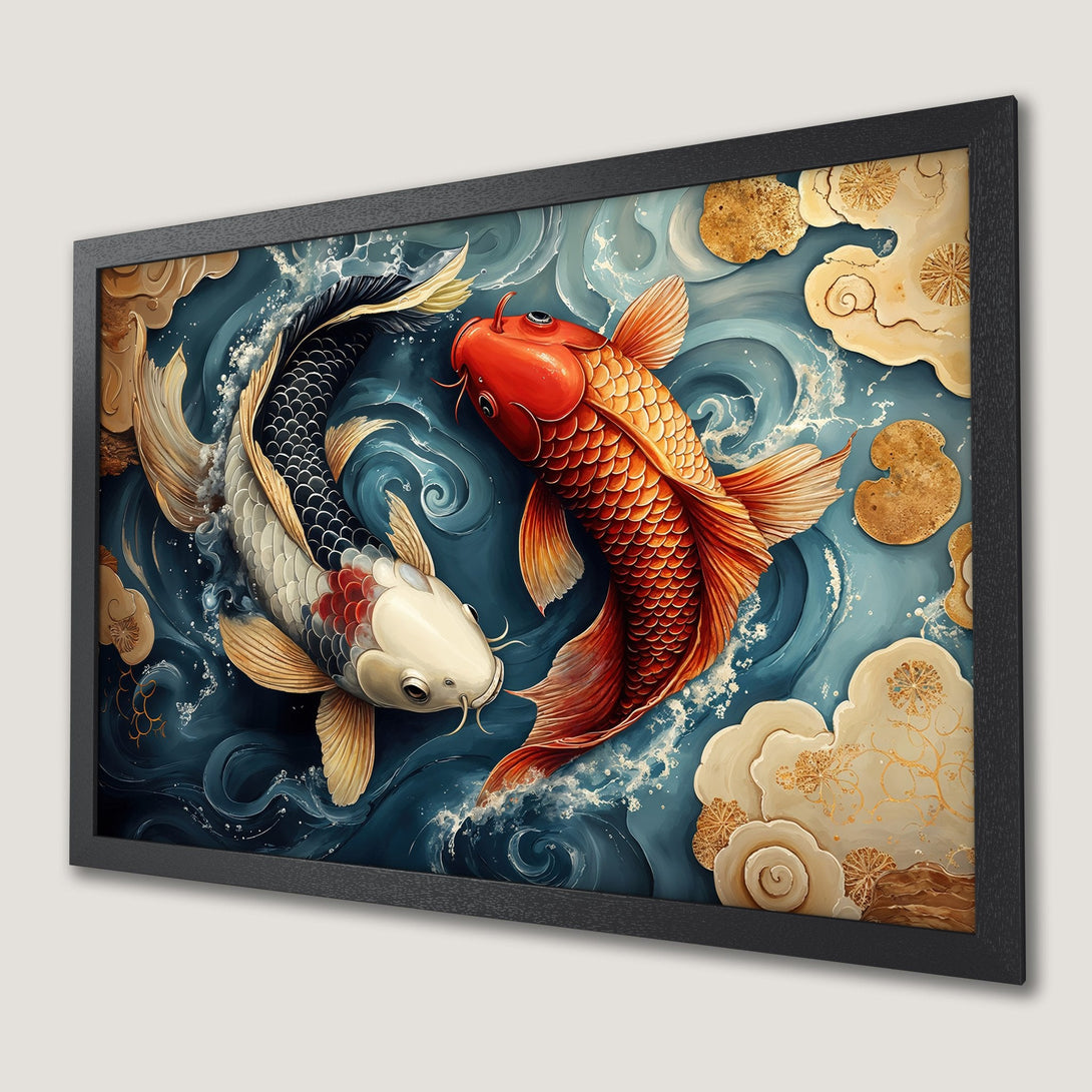 Framed Poster featuring koi fish in a Japanese-inspired style with a blue, gold, and red color palette. Add this beautiful art to your home!