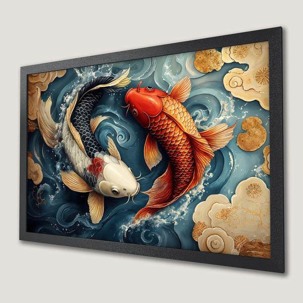 Framed Poster featuring koi fish in a Japanese-inspired style with a blue, gold, and red color palette. Add this beautiful art to your home!