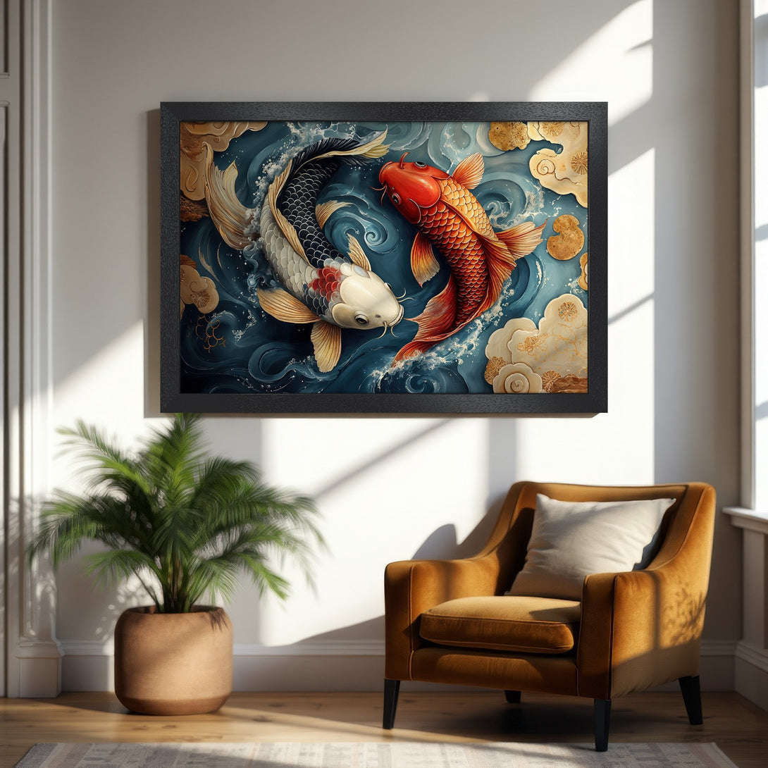 Framed Poster featuring koi fish in a serene, Asian-inspired style with a blue, gold, and red color palette. Perfect wall art!