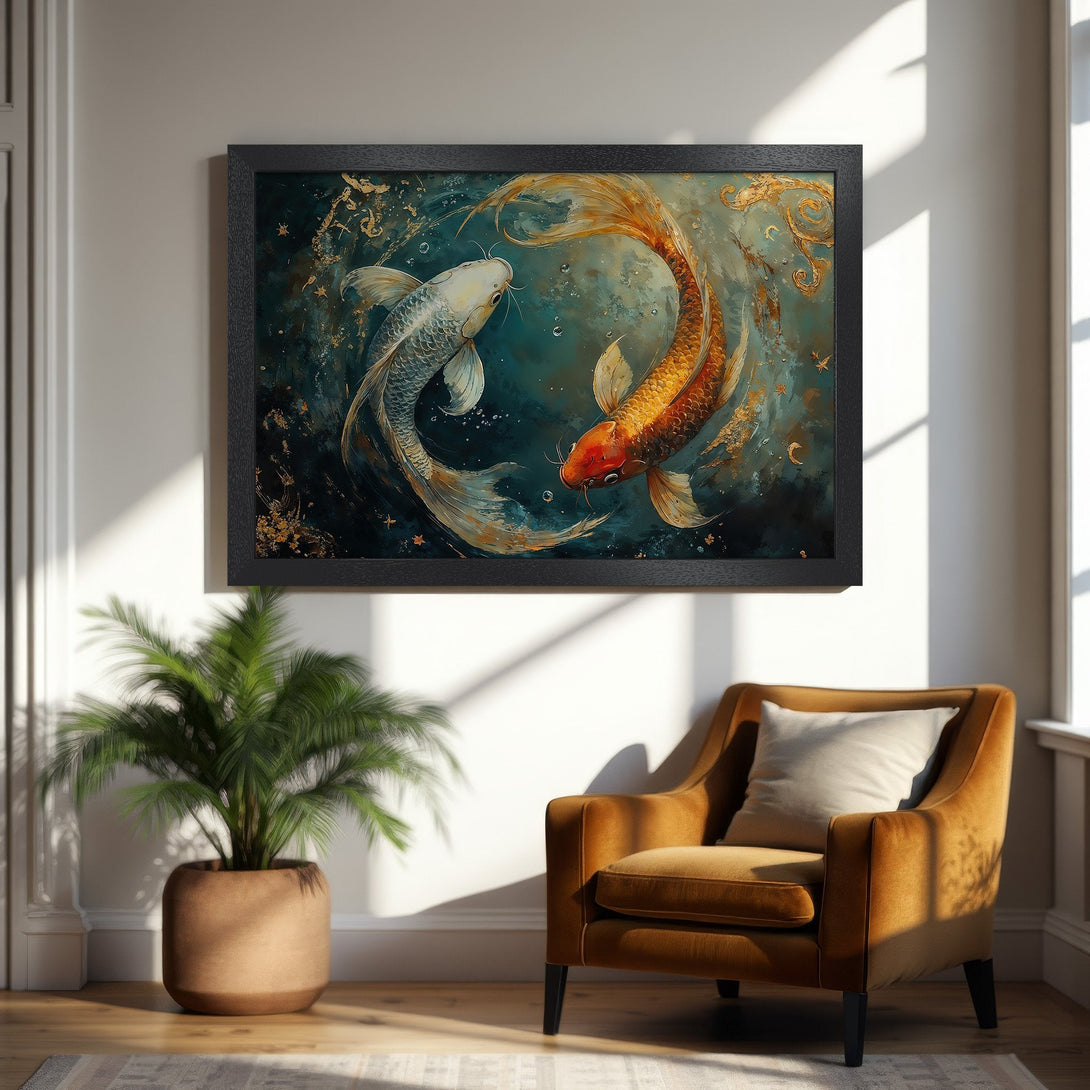 Framed Poster featuring koi fish art in teal and gold tones, perfect for adding elegance to your home decor.