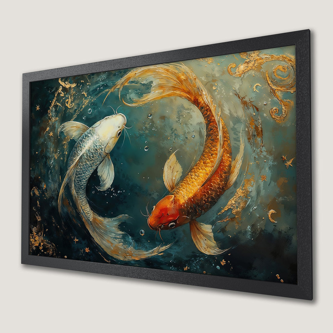 Framed Poster featuring koi fish in a painterly style with teal, gold, and orange hues. Perfect wall art!
