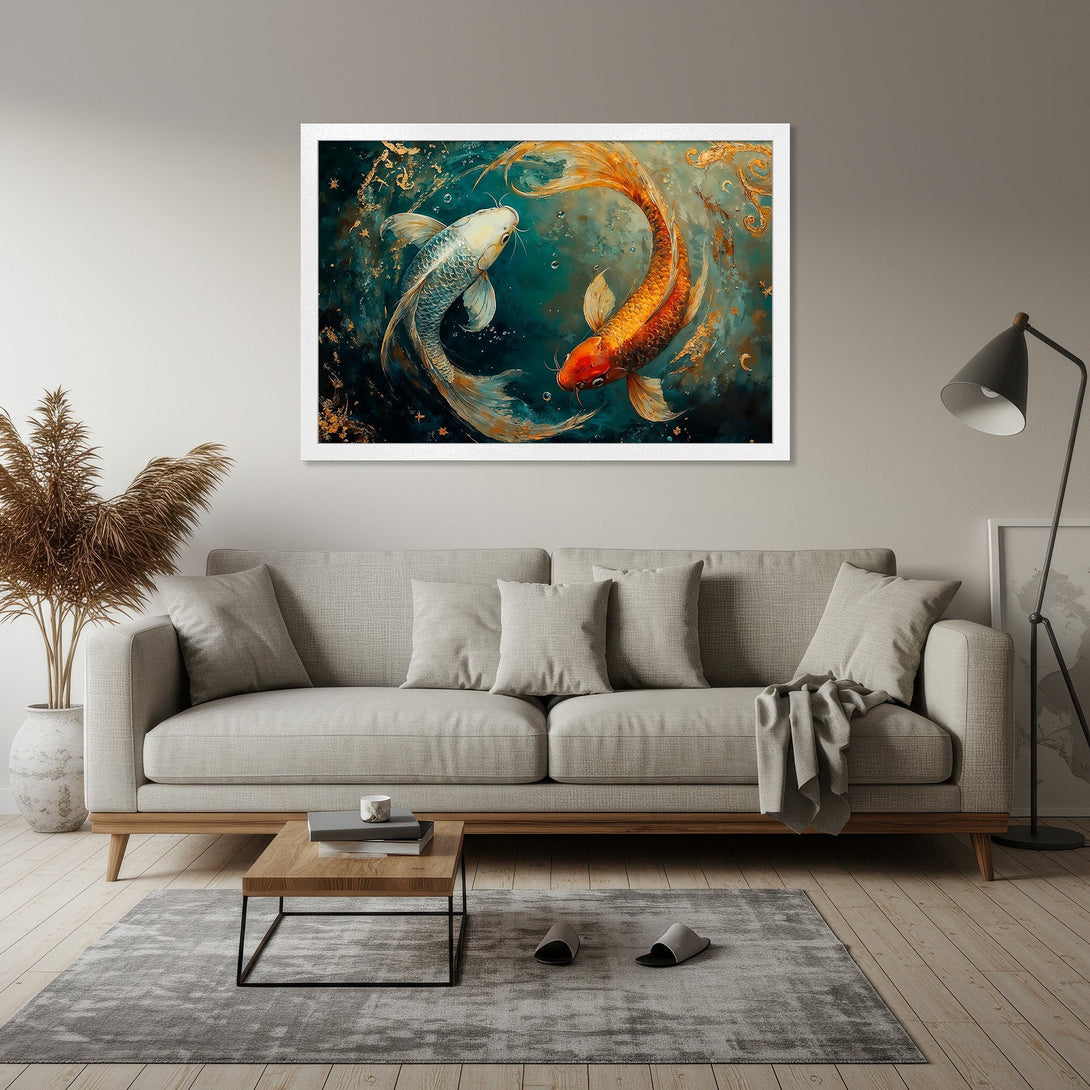 Framed Poster featuring koi fish in teal and gold, perfect for adding an elegant touch to your home decor.