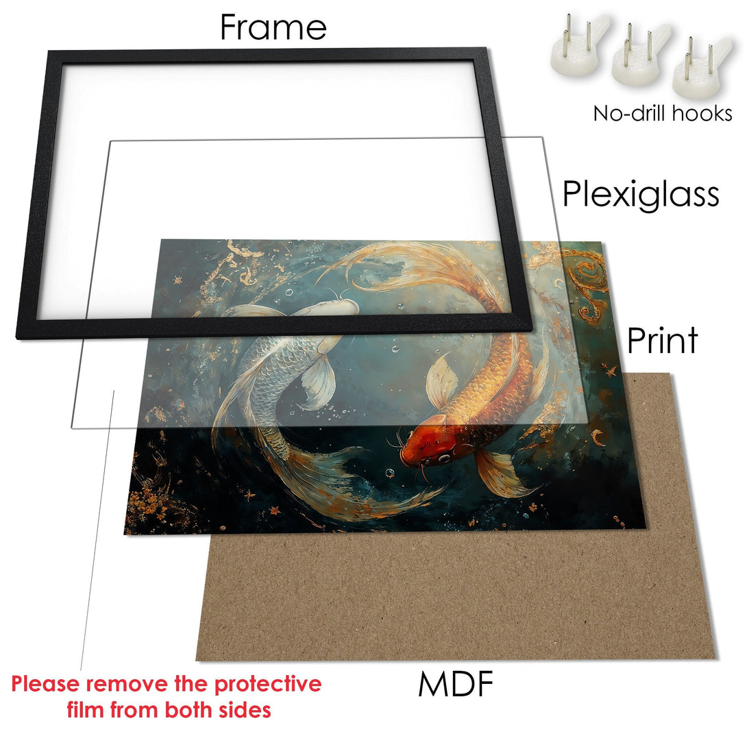 Framed Poster featuring koi fish art in teal, gold, and orange. Elegant wall decor for your home.