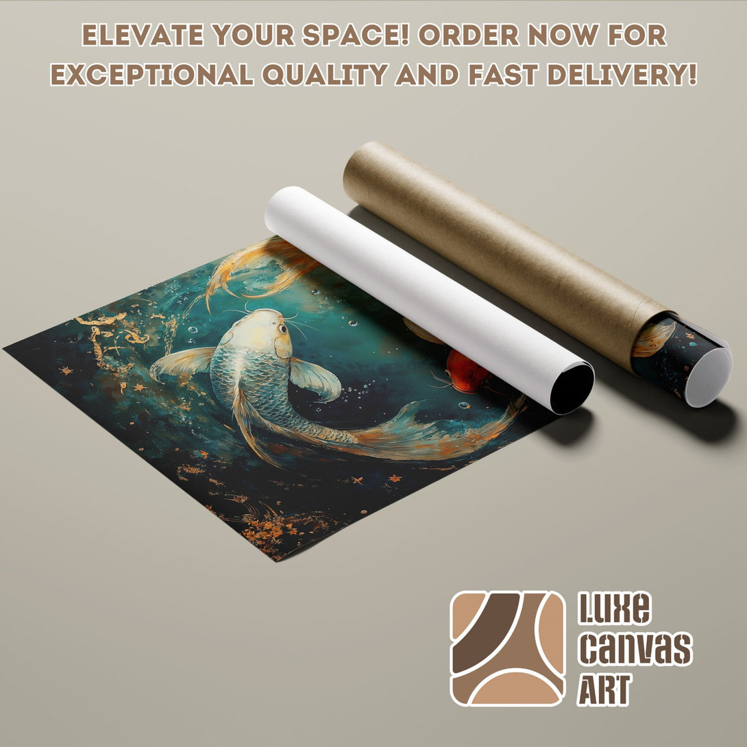 Koi fish art Poster Roll, teal and gold color palette, perfect for home decor.