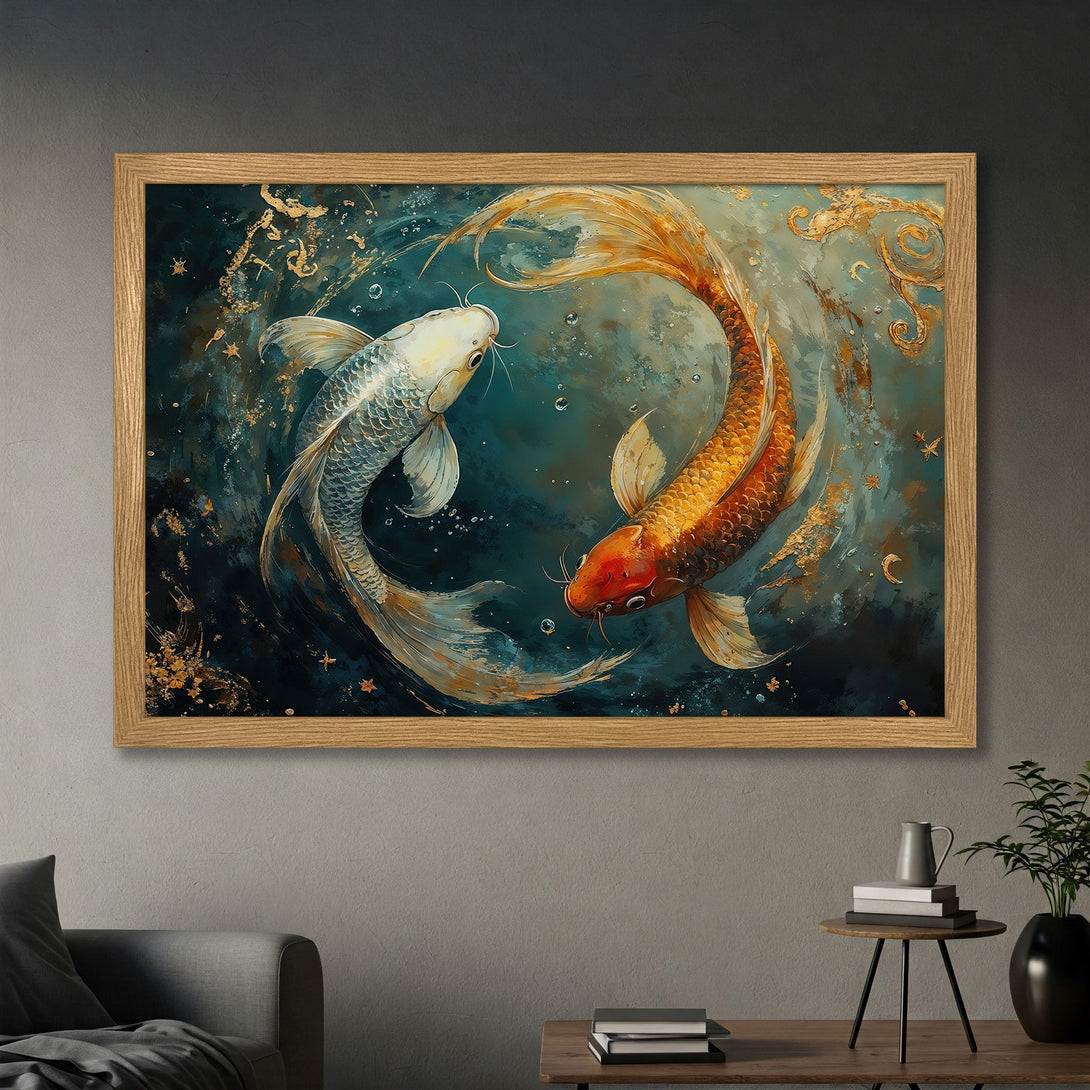 Framed Poster featuring koi fish in an artistic style. Dark teal, gold, and orange color palette, perfect for home decor.