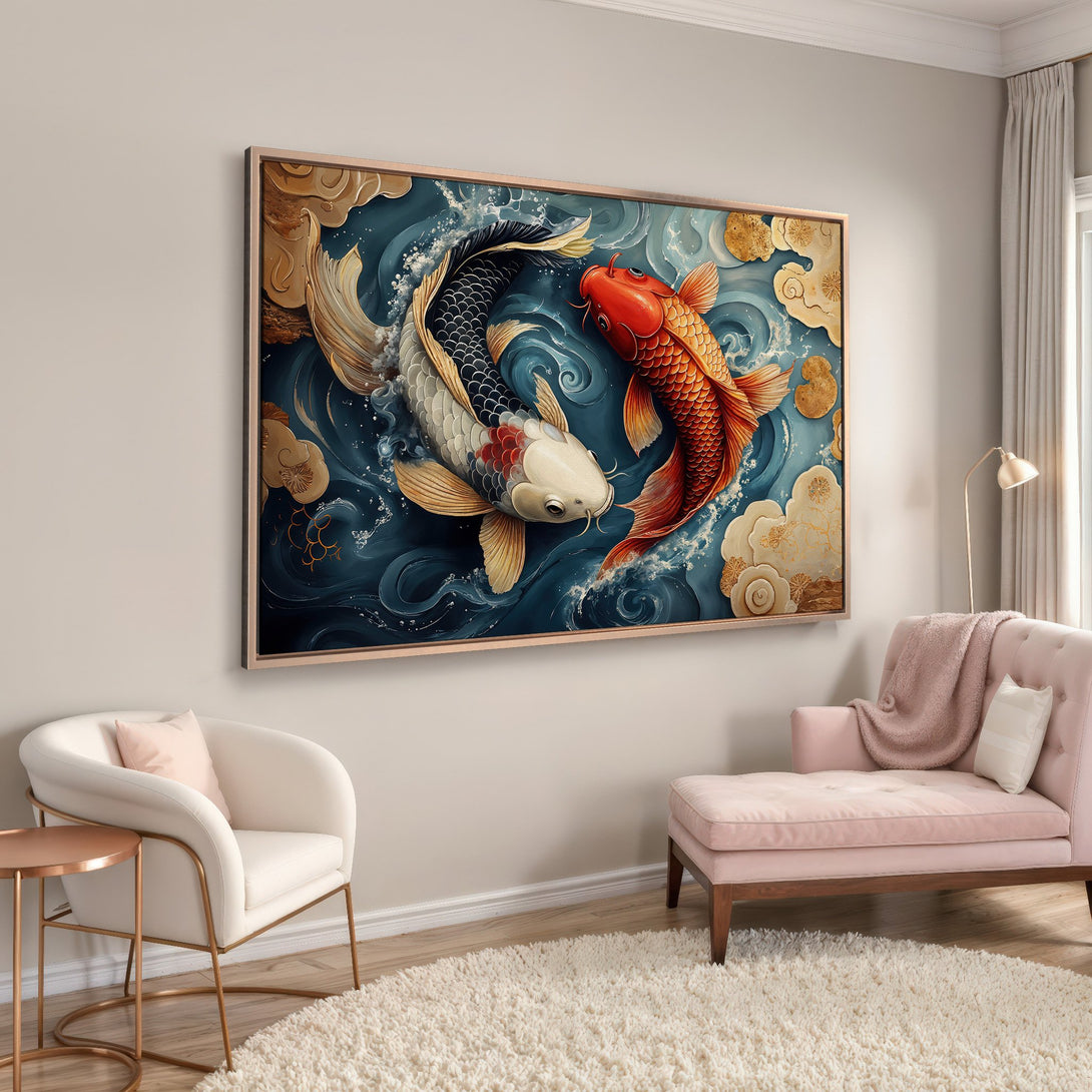 Framed Wall Art: Koi fish painting in a Japanese style with a blue, gold, and red color palette, perfect for adding elegance to any room.