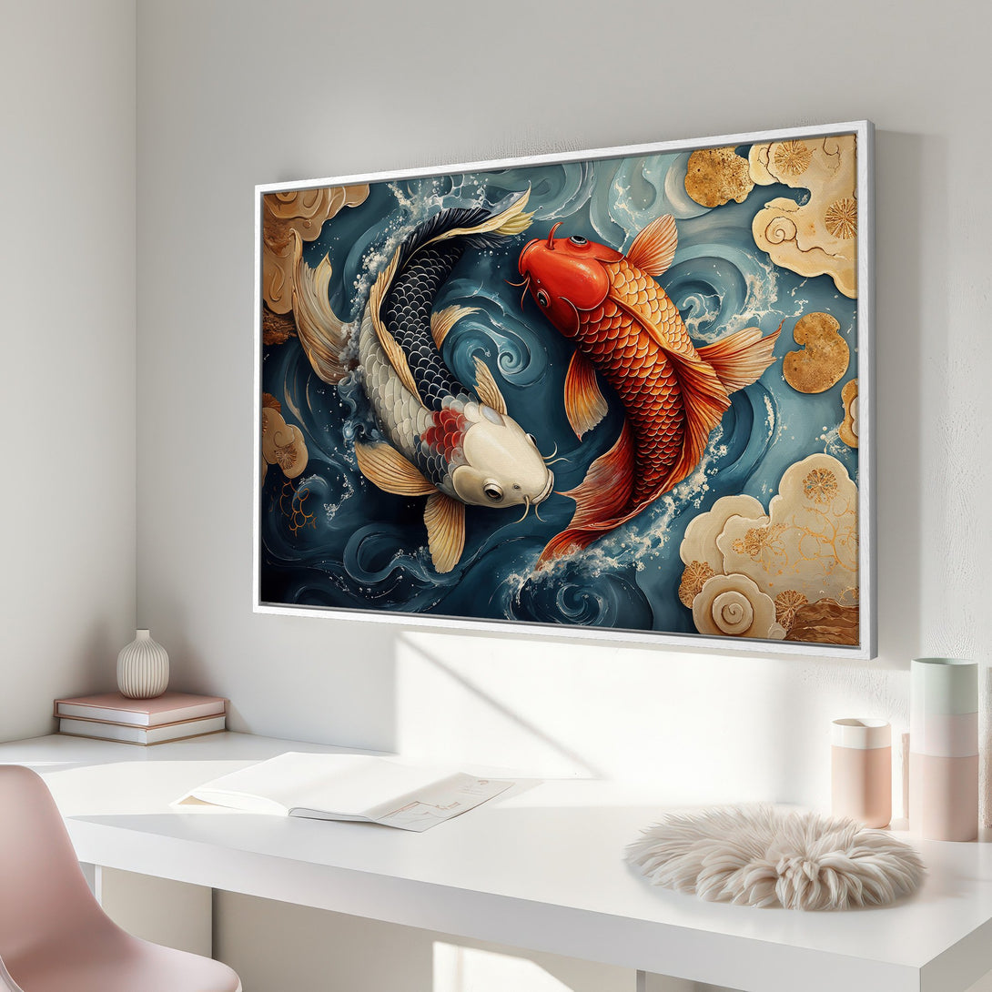 Framed Wall Art: Koi fish canvas print in a modern style, featuring a blue, gold, and red color palette. Perfect for adding zen to your space!