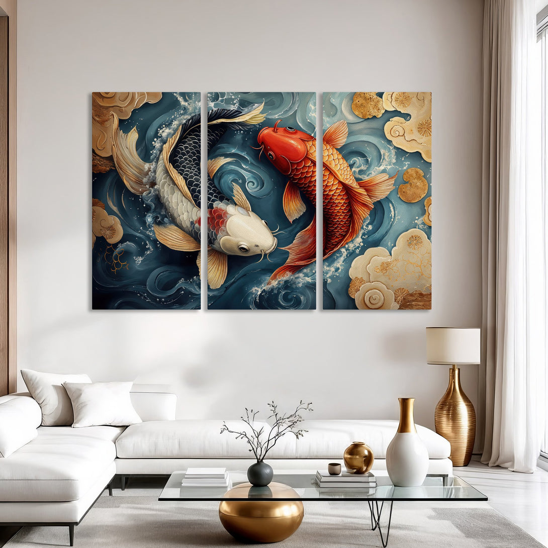 Canvas Print: Koi fish art in a modern, Asian-inspired style. Features a blue, gold, and orange color palette. Perfect for living room decor.