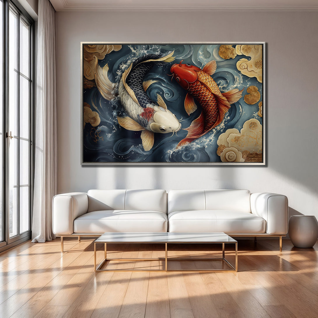 Framed Wall Art: Koi fish painting in a modern living room. Features a blue, gold, and red color palette. Perfect for adding a touch of elegance.