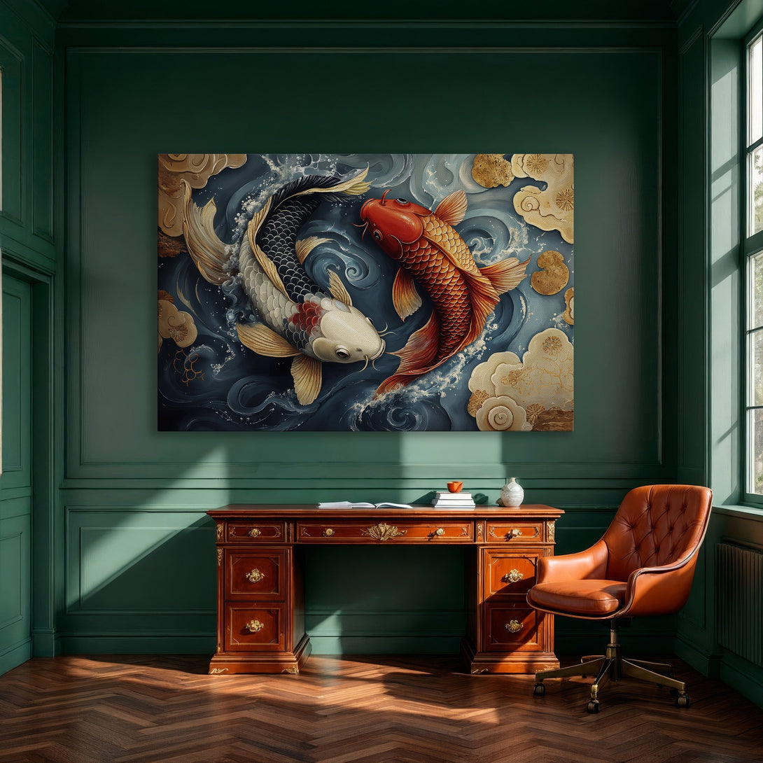 Framed Wall Art: Koi fish painting in a modern dining room. Features a vibrant blue, gold, and red color palette, perfect for home decor.