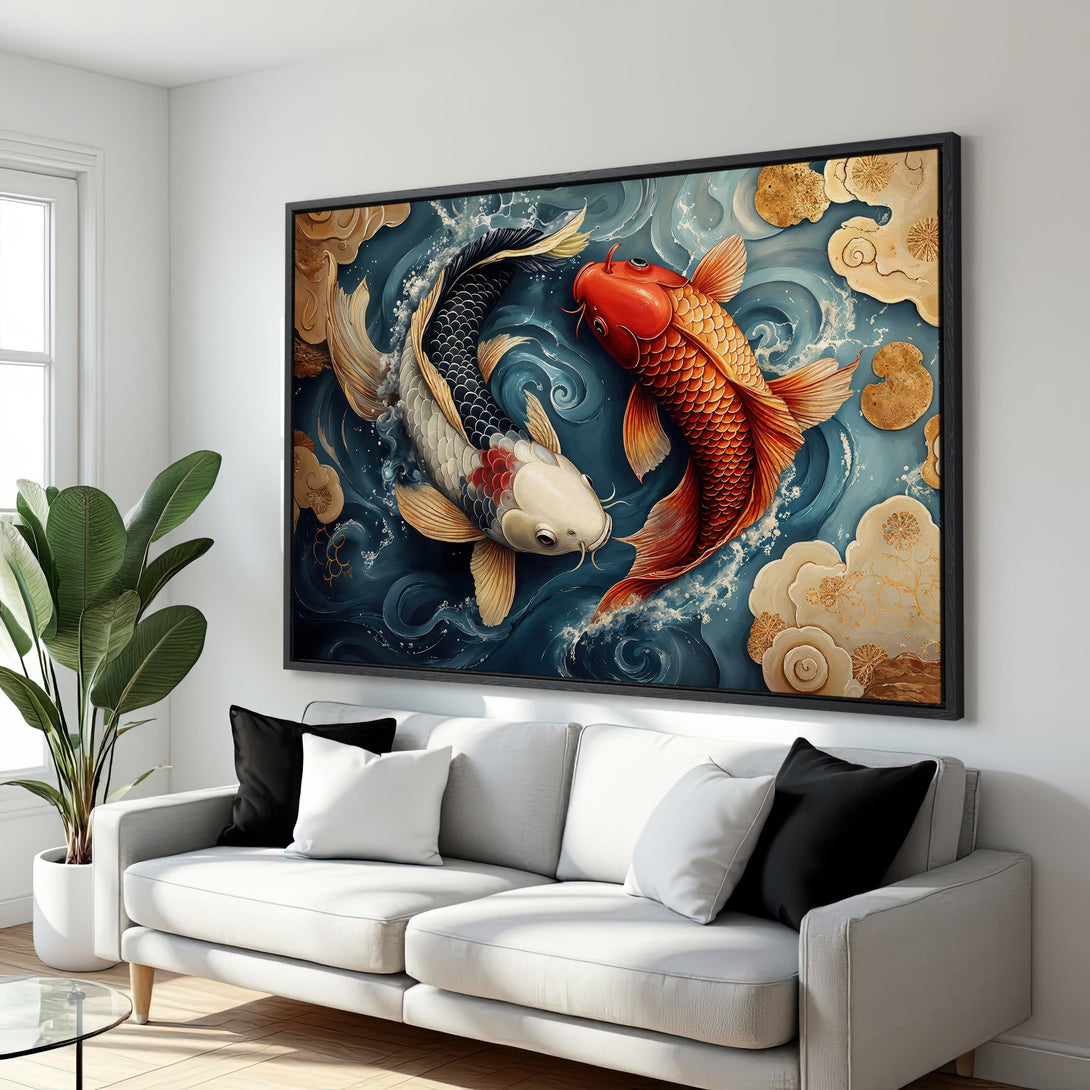 Framed Wall Art: Koi fish canvas print in a modern interior. Features a vibrant blue, gold, and red color palette. Perfect for adding a touch of elegance!