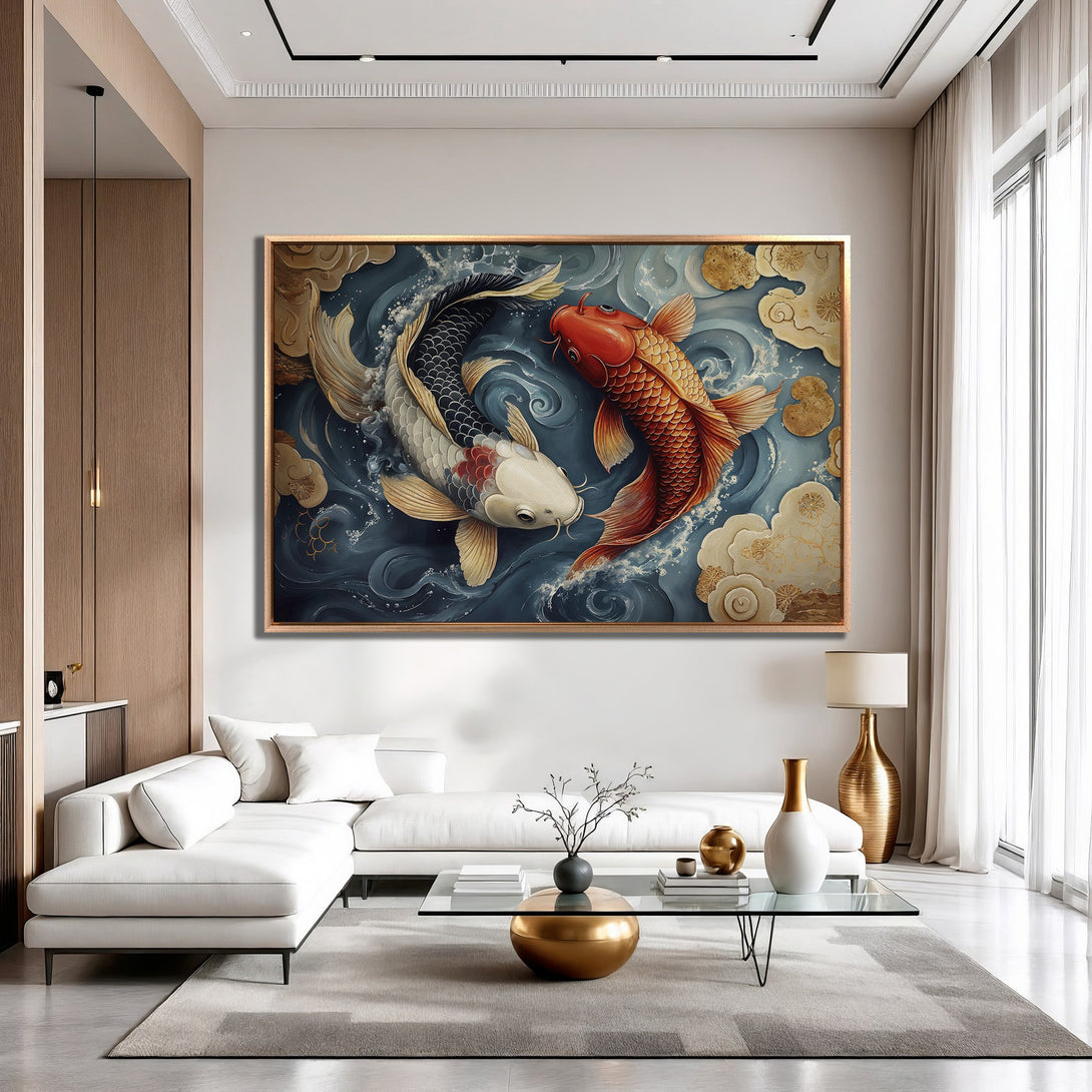Framed Wall Art featuring koi fish in a serene, Asian-inspired style. Blue, gold, and red color palette, perfect for adding a touch of elegance.