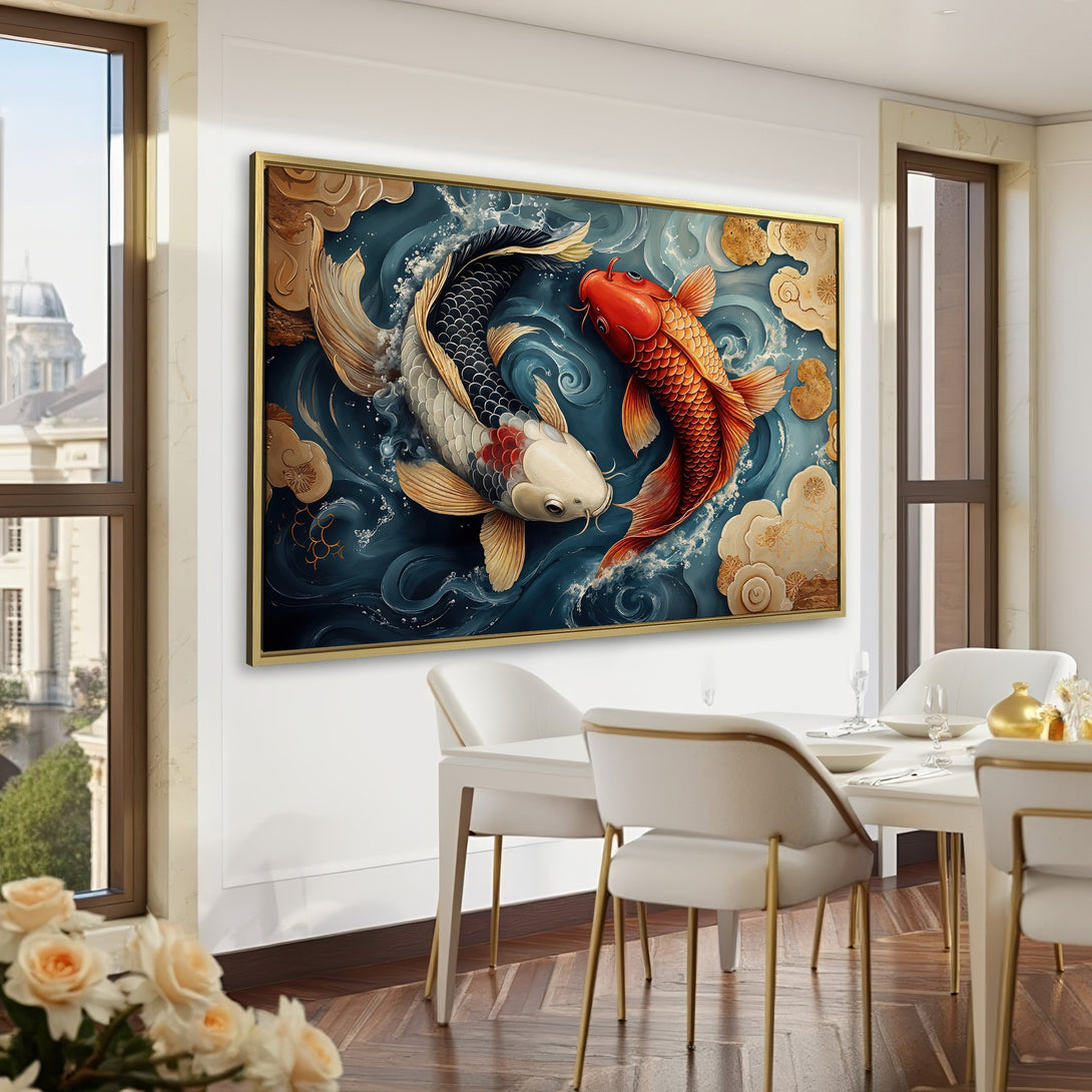 Canvas Print of Koi fish in a Japanese style, featuring a blue, gold, and red color palette. Perfect for adding an artistic touch to your home.