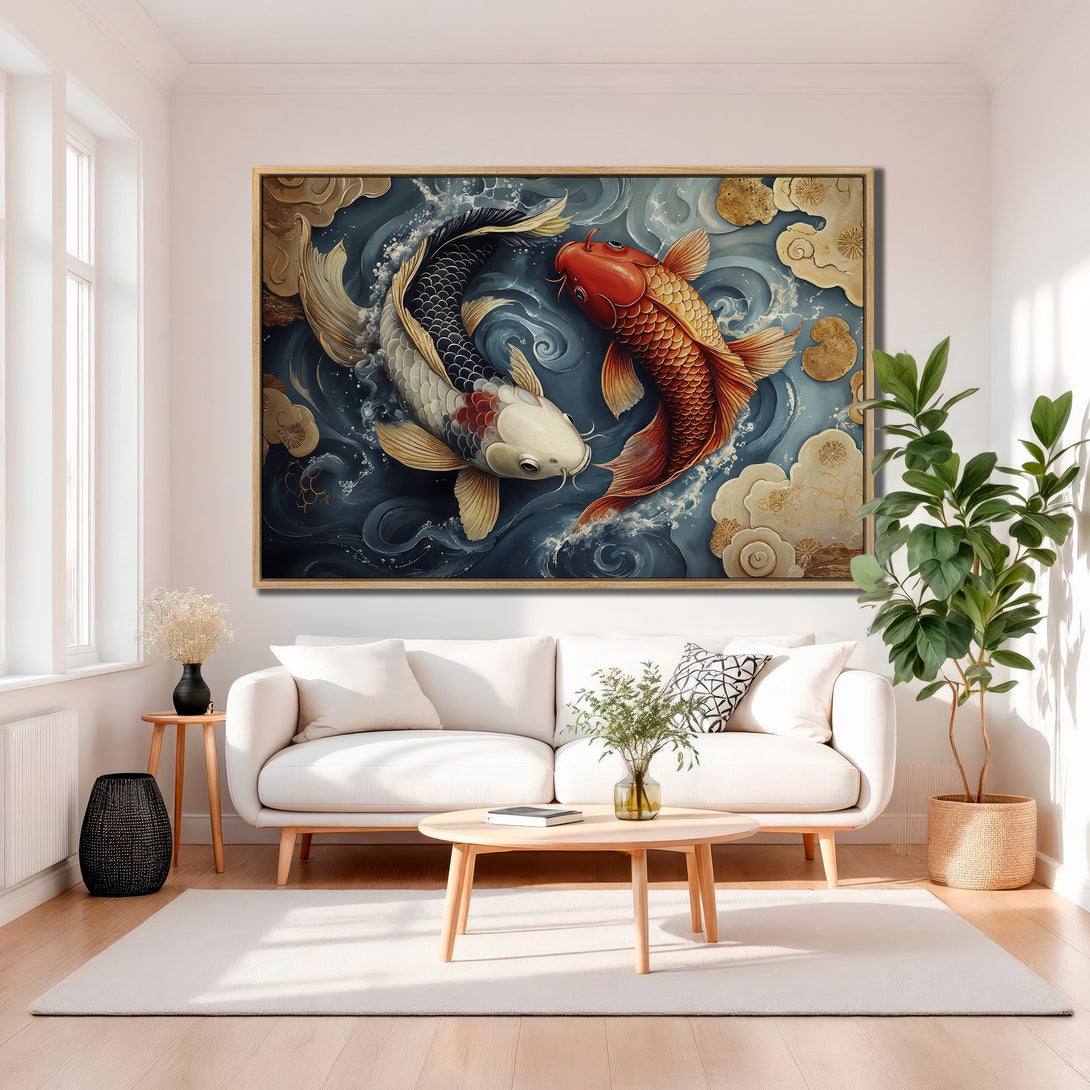 Framed Wall Art: Stunning koi fish canvas print in a serene, blue, gold, and red color palette. Perfect for adding a touch of zen to your home decor.