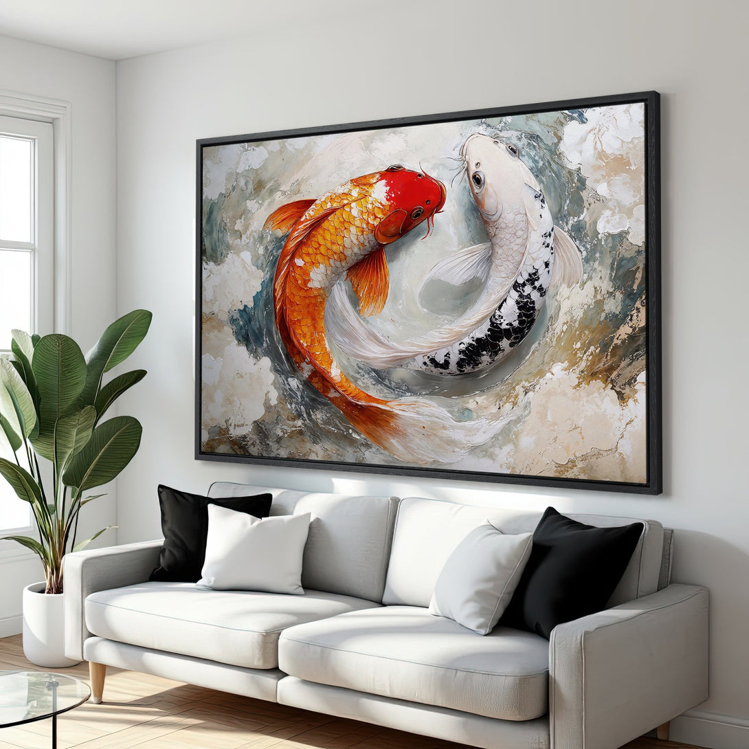 Framed Wall Art featuring koi fish in a modern, abstract style. Warm orange, white, and neutral tones create a calming and stylish home decor statement.