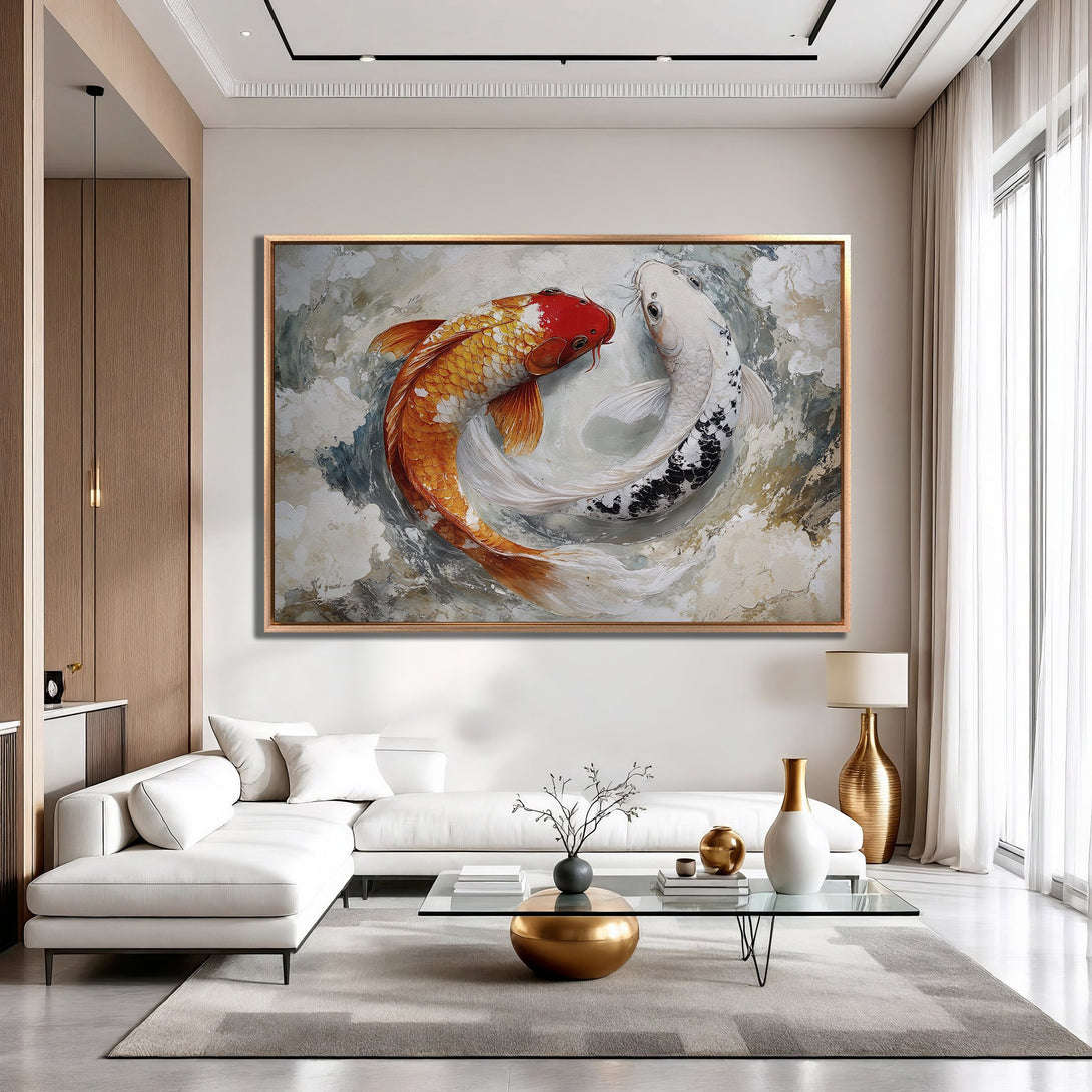 Framed Wall Art featuring koi fish in a modern abstract style with a warm, neutral color palette. Enhance your living space with this stunning artwork.