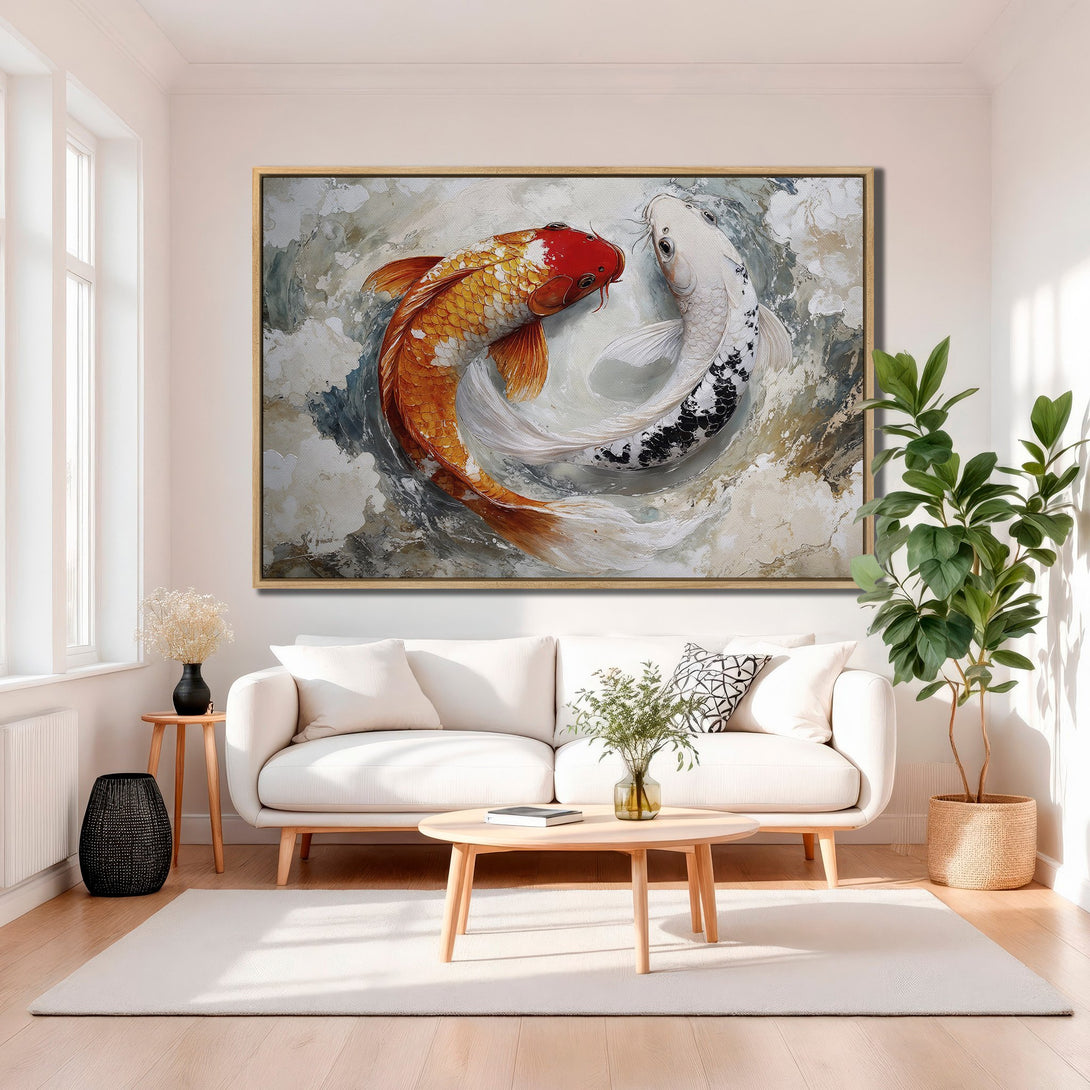 Framed Wall Art featuring koi fish in an abstract style. Warm orange, white, and neutral color palette. Perfect for modern home decor.