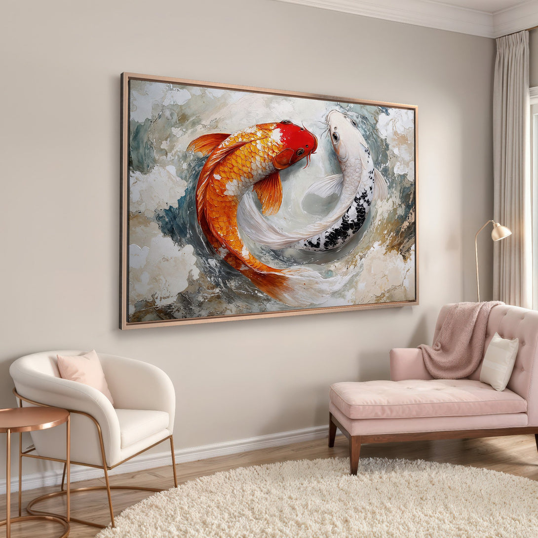 Framed Wall Art: Koi fish painting in warm orange and white tones. Modern art for home decor. Adds a zen, calming vibe to any room.