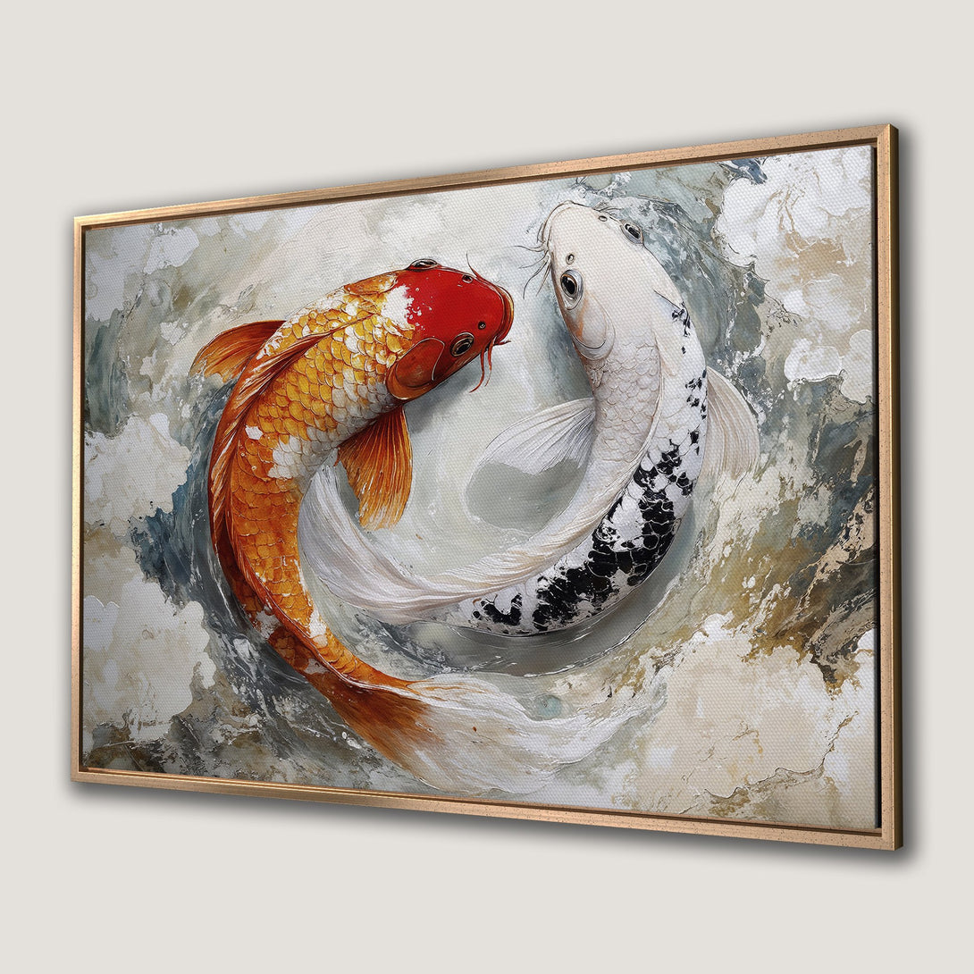 Framed Wall Art: Stunning koi fish painting in warm orange, red, and white hues. Modern art canvas print for a tranquil home decor statement.