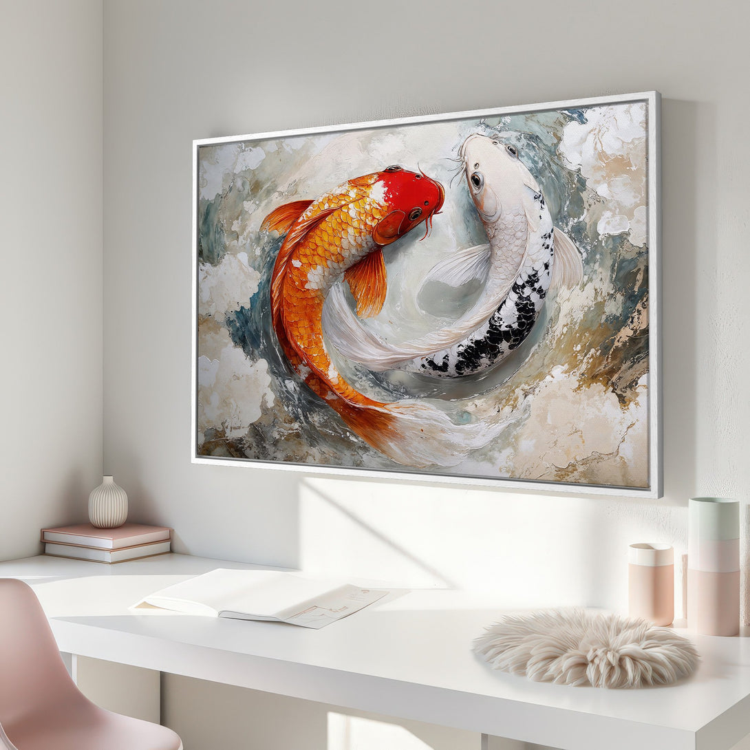 Framed Wall Art featuring koi fish painting in orange, white, and blue hues. Modern art for home decor, adds a touch of zen and elegance.