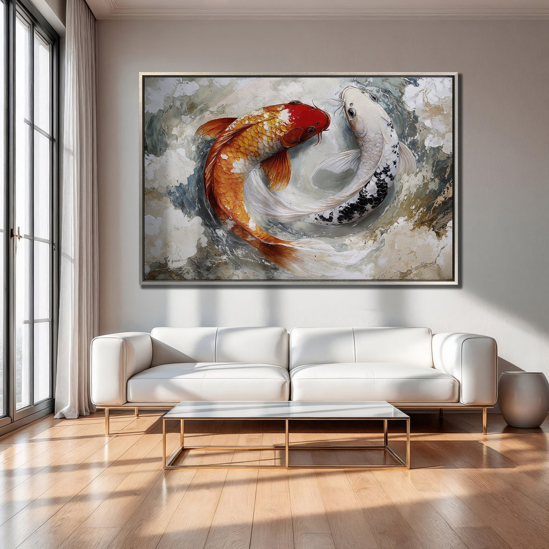 Framed Wall Art: Koi fish painting in warm orange and white tones. Modern abstract style, perfect for living room decor.