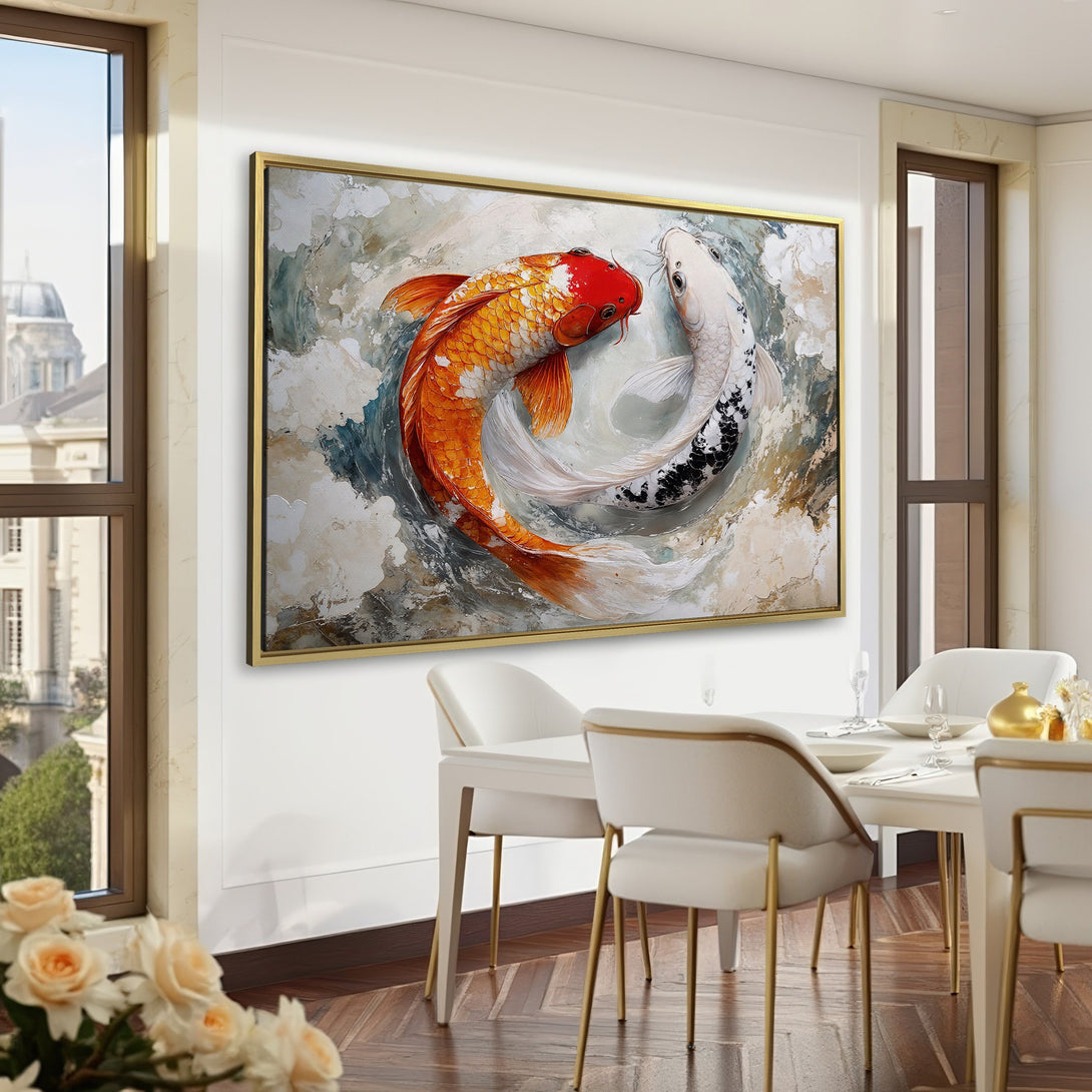 Canvas Print of koi fish art in a serene interior. Features orange, white, and black fish on a neutral background, adding elegance to any space.