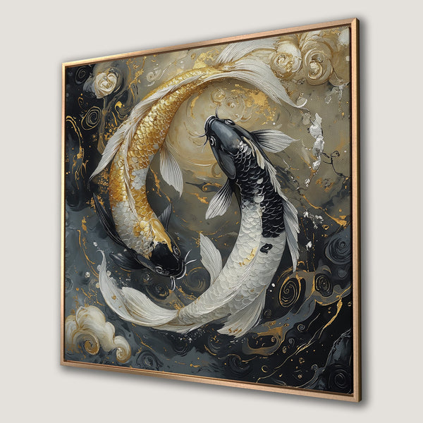 Framed Wall Art: Koi fish painting in gold, black, and white. Modern abstract style, perfect for adding elegance to your home decor.