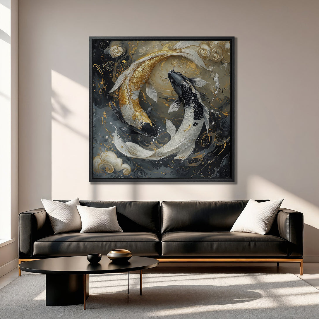 Framed Wall Art: Koi fish painting in gold, black, & white. Modern art canvas print adds elegance to any living room. Shop now!