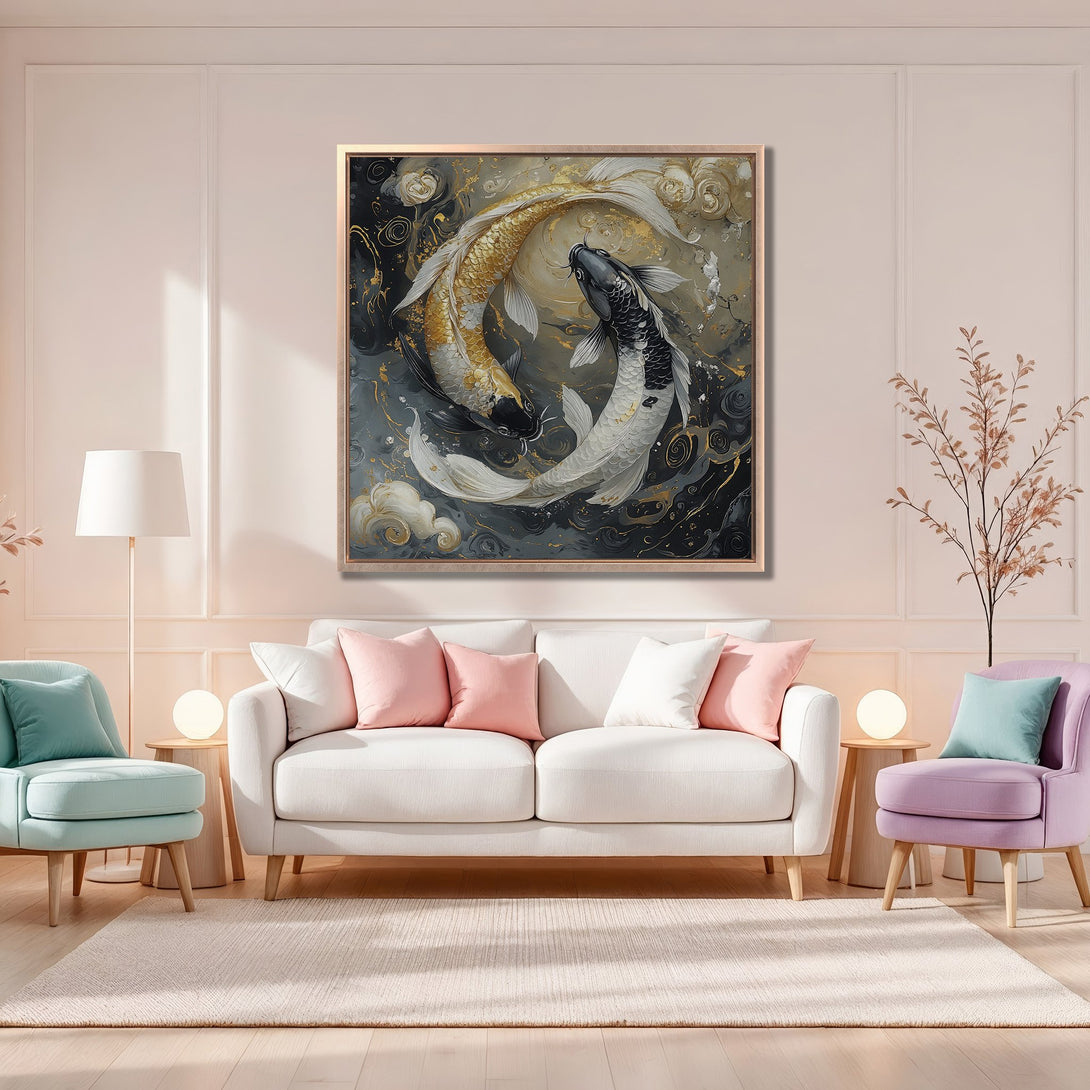 Framed Wall Art featuring koi fish in a modern style with a gold, black, and white color palette, perfect for living room decor.