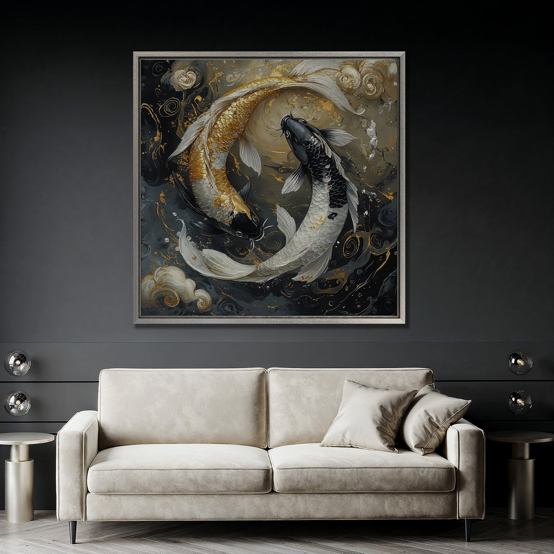 Framed Wall Art featuring koi fish in a dramatic, abstract style with gold, black, and gray tones. Perfect for adding a touch of zen to your space!