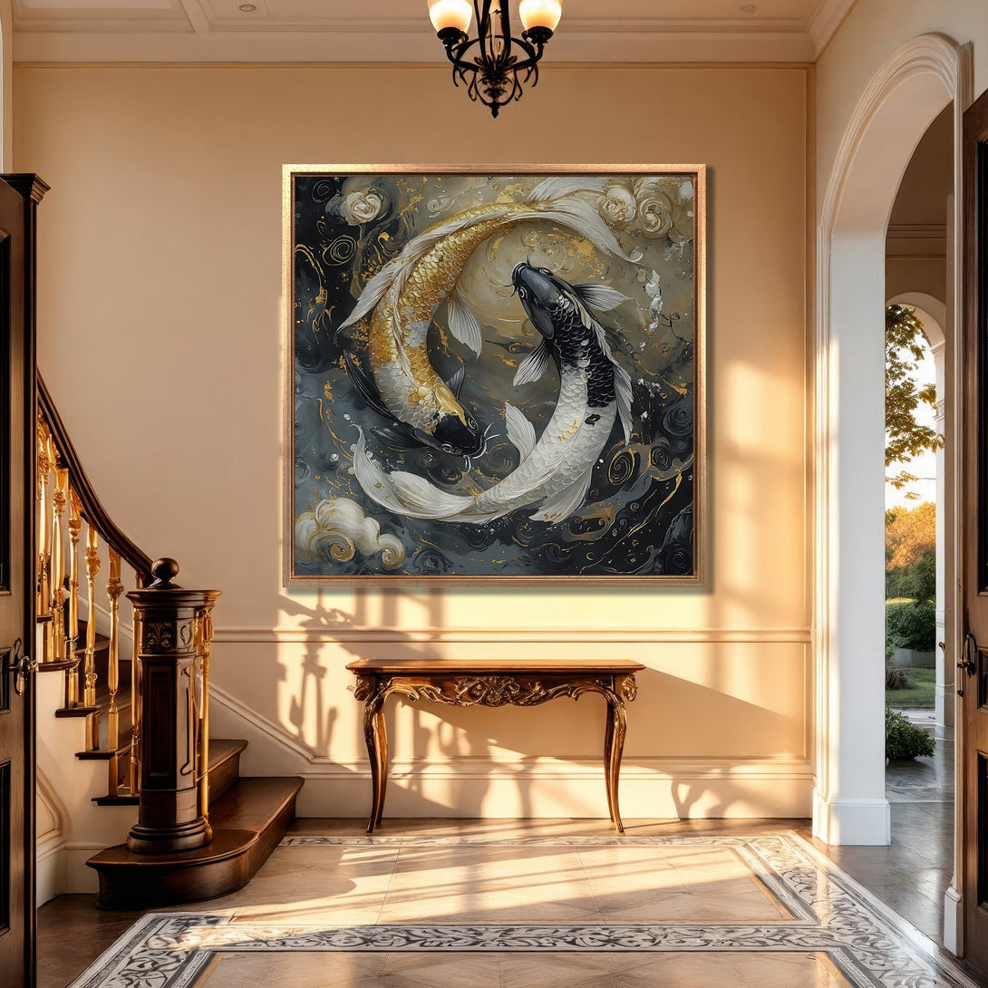 Framed Wall Art: Koi fish painting in a luxurious interior. Elegant style with gold, black, and white color palette. Perfect for home decor.