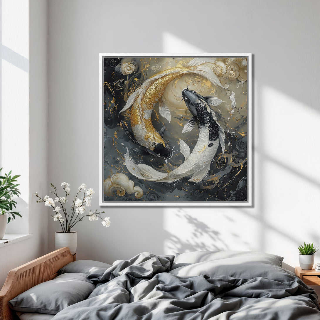 Framed Wall Art: Koi fish painting in a bedroom. Modern style with gold, black, and gray color palette. Enhance your space with this elegant artwork.