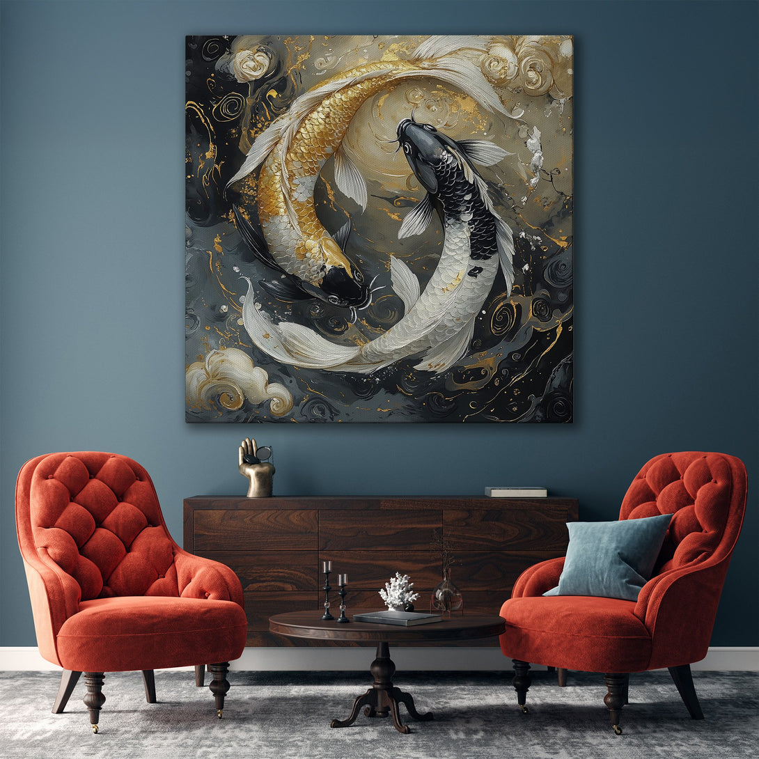 Framed Wall Art: Koi fish painting in gold, black, and white. Modern, elegant style for living room decor. Enhance your space with this beautiful Canvas Print.