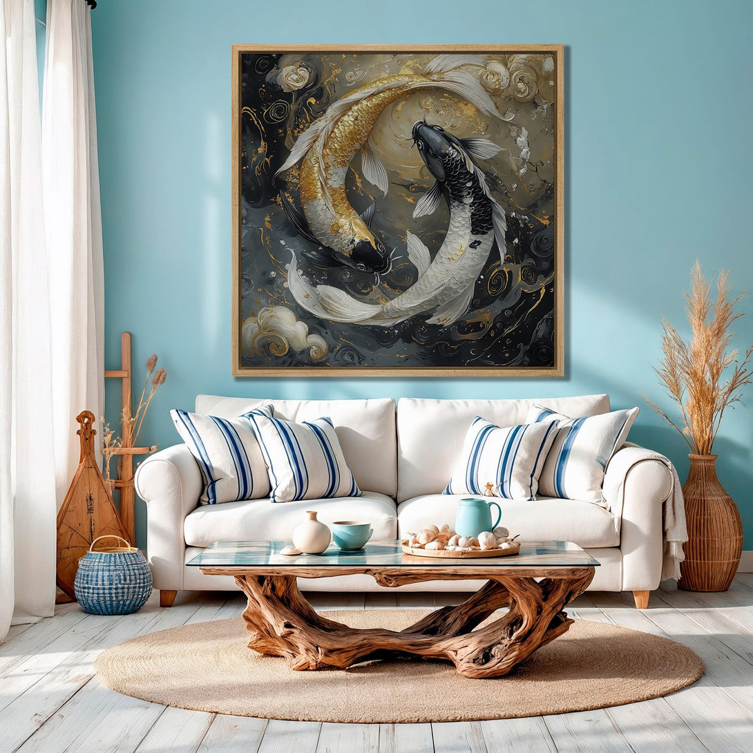 Framed Wall Art featuring koi fish in a modern, abstract style with gold and black accents. Adds a touch of elegance to any space!
