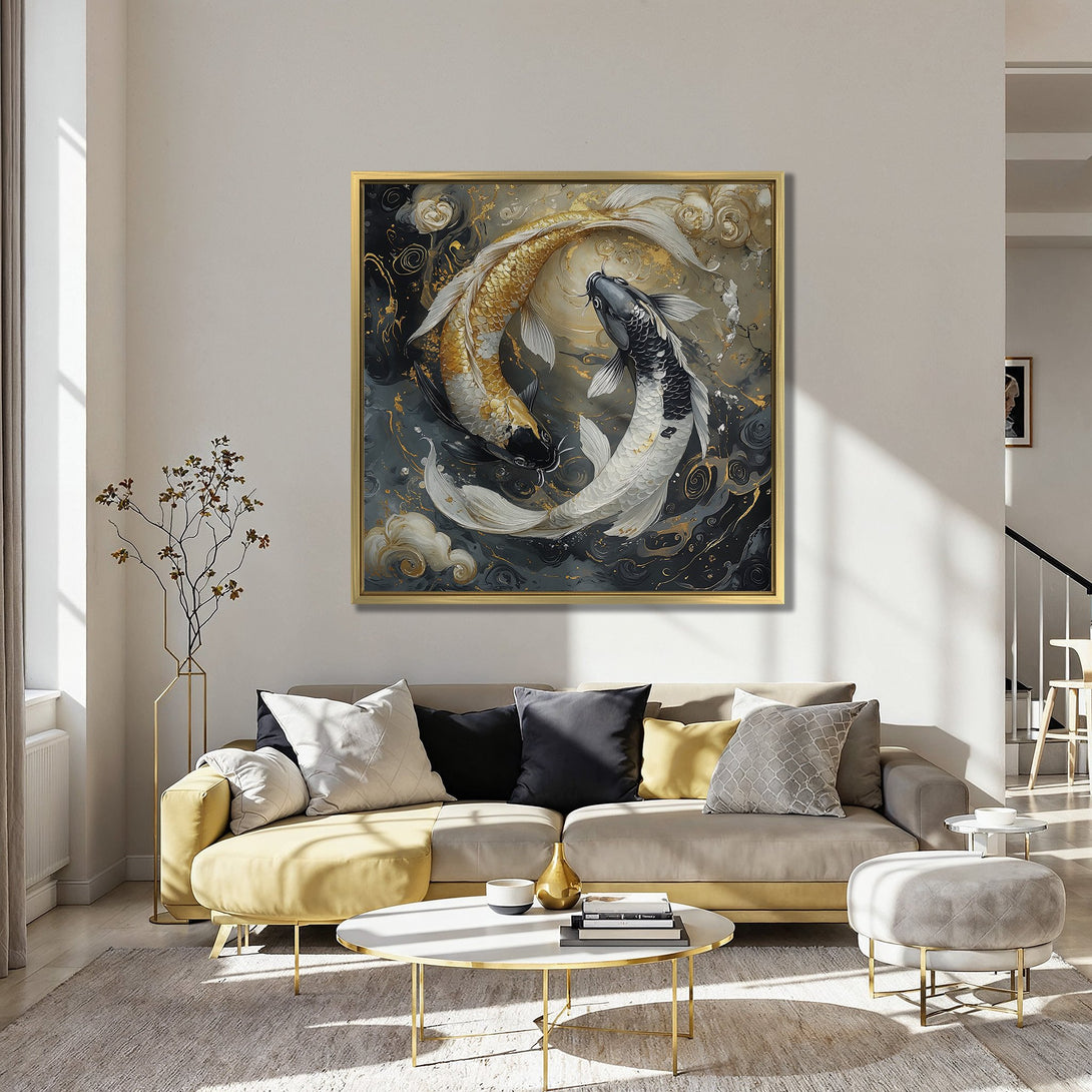 Canvas Print of Koi fish in gold, black, and white, displayed in a modern interior. Elegant wall art for your home decor.