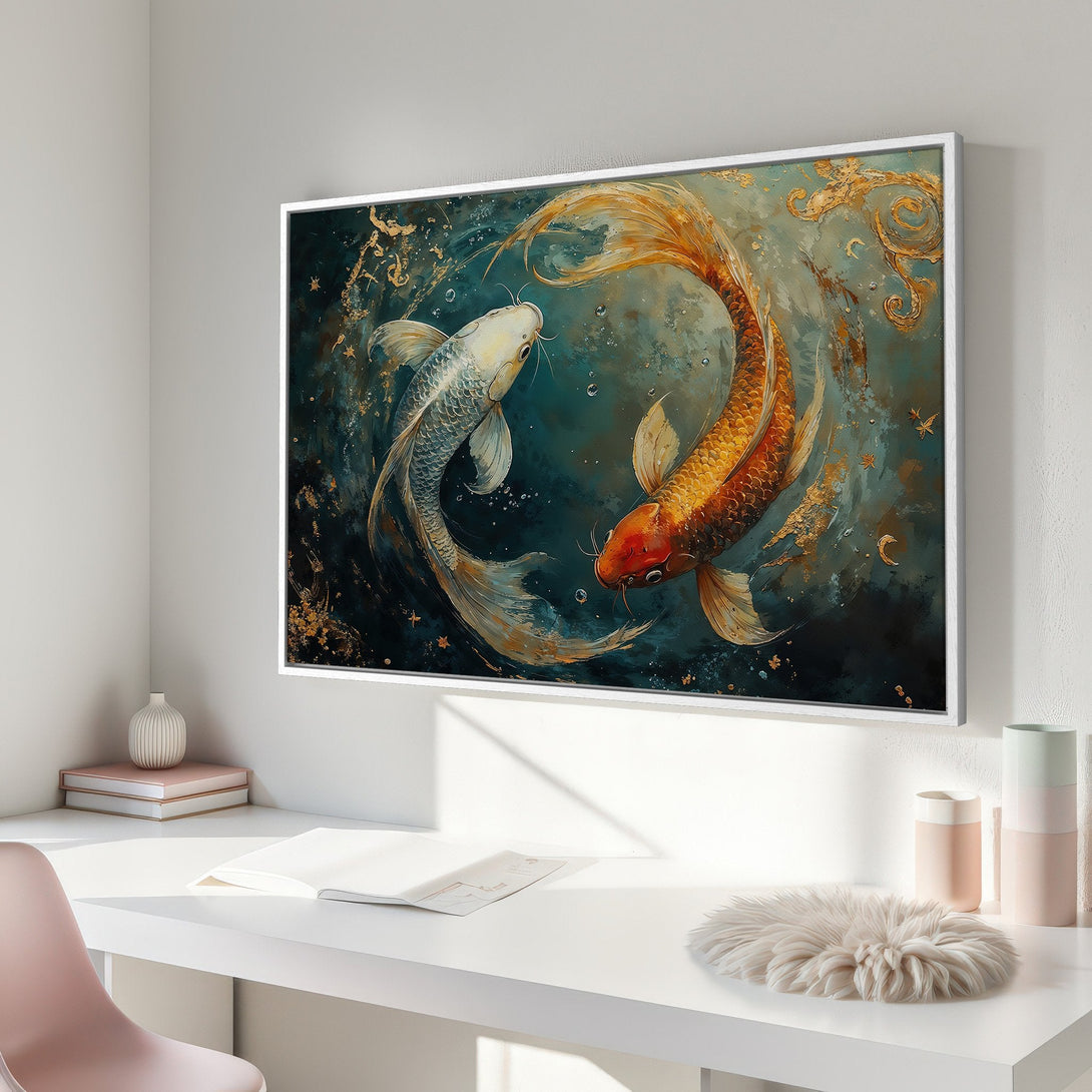 Framed Wall Art: Koi fish painting in teal and gold. Elegant, modern Canvas Print for living room or bedroom decor. Enhance your space!