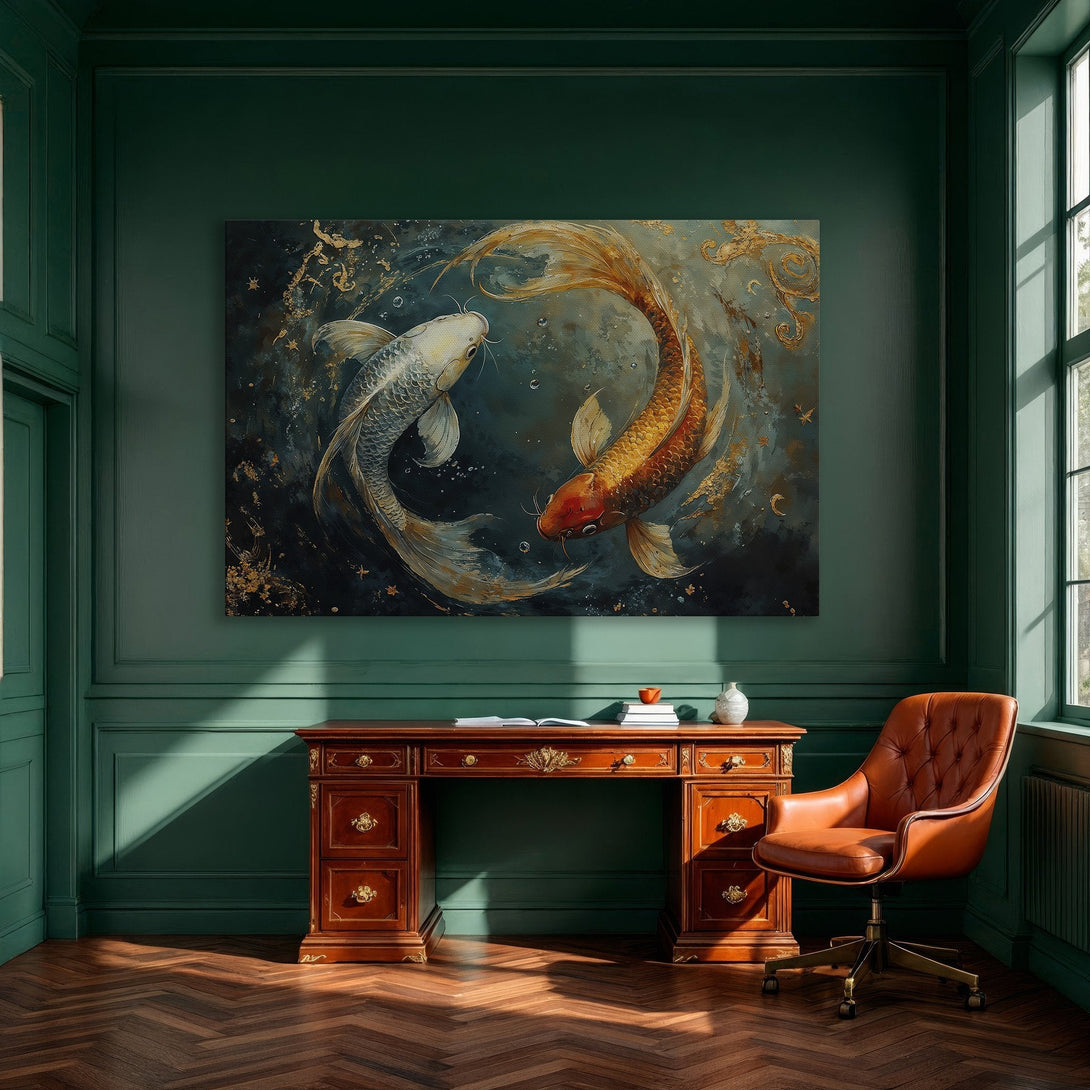 Framed Wall Art: Koi fish painting in teal and gold, adding elegance to a dining room. Abstract style, perfect for home decor.